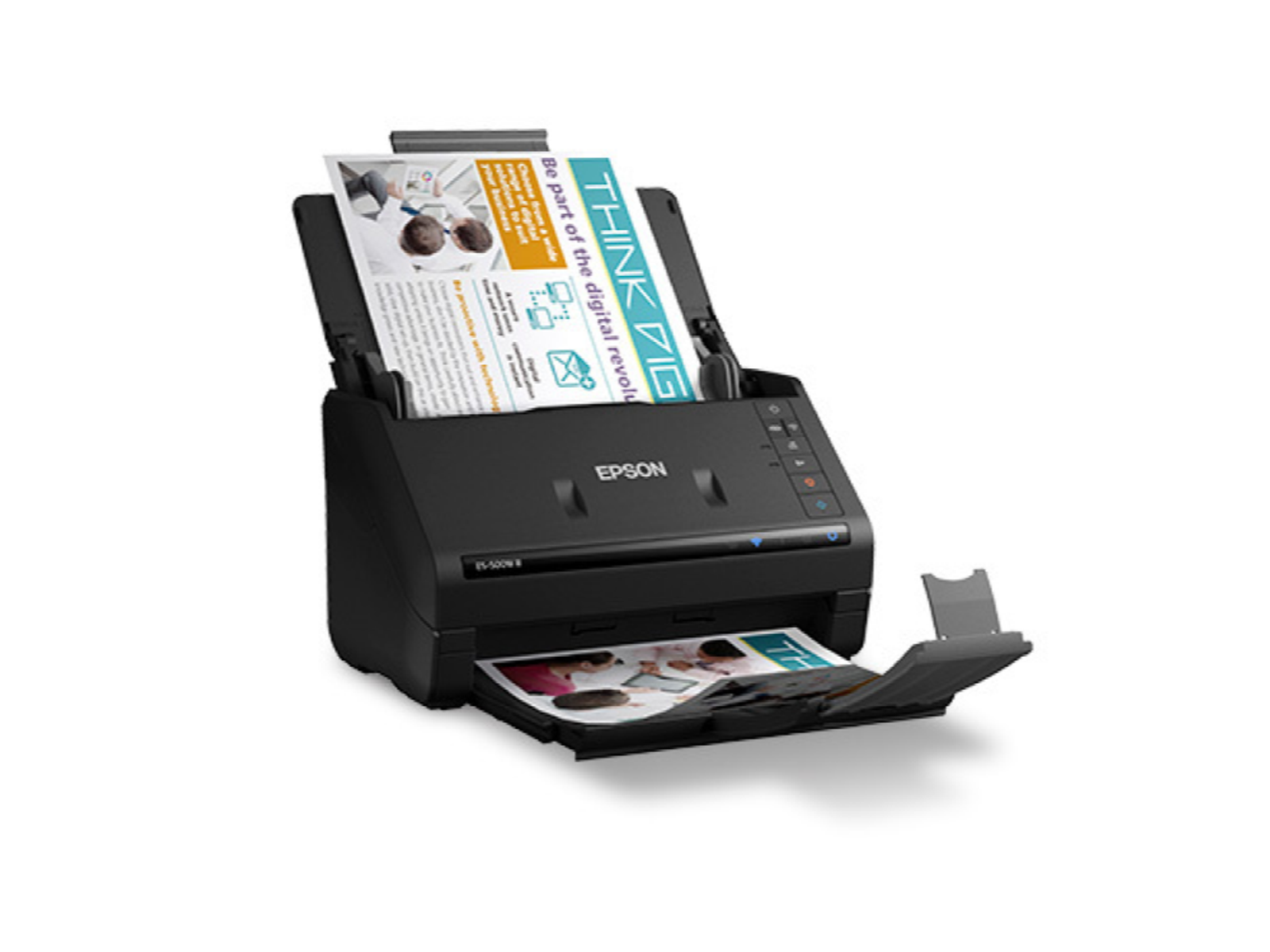 Czarny skaner Epson z otwartą pokrywą, papiery w środku. Białe tło.