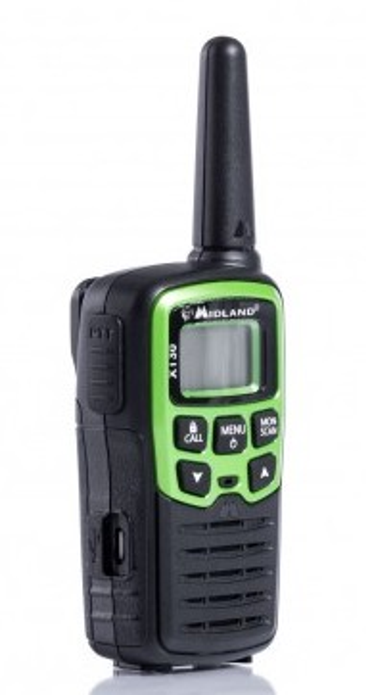 Schwarzes und grünes Midland Walkie-Talkie, mit Antenne und Knöpfen, weißer Hintergrund.
