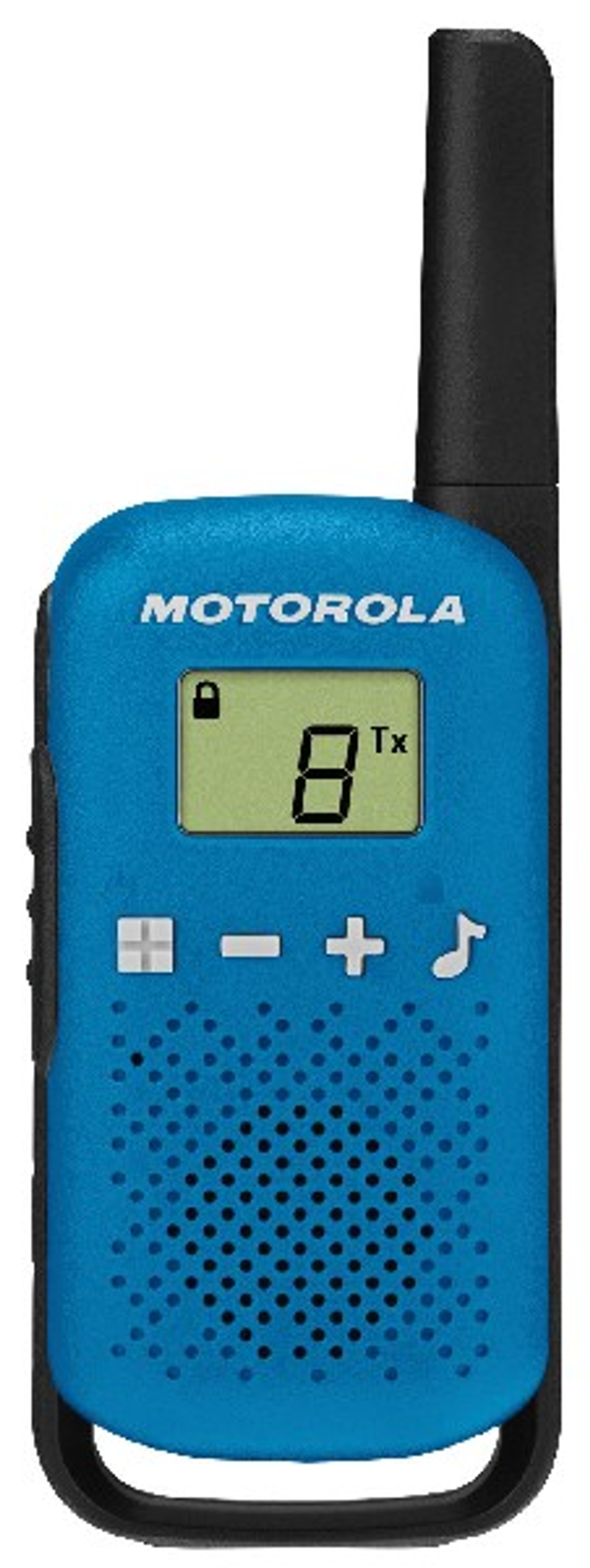 Walkie-talkie azul con una pantalla que muestra un número y el logotipo de Motorola.