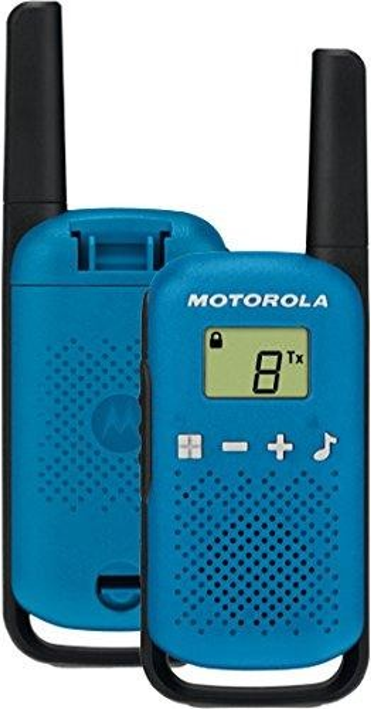 Dos walkie-talkies Motorola azules con antenas, botones y pantalla. Fondo blanco.