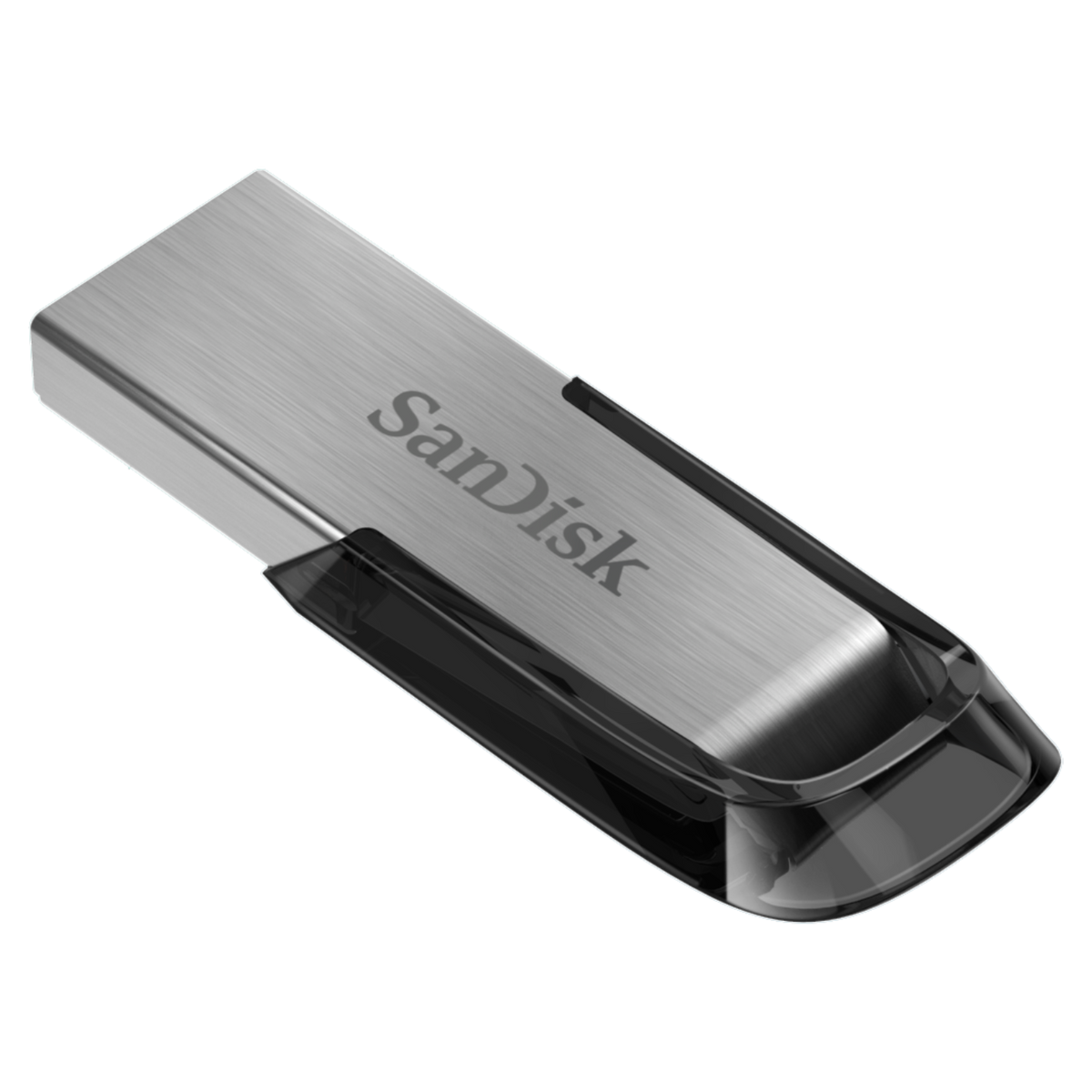 Unidad flash USB plateada con una tapa negra, en ángulo sobre un fondo negro.