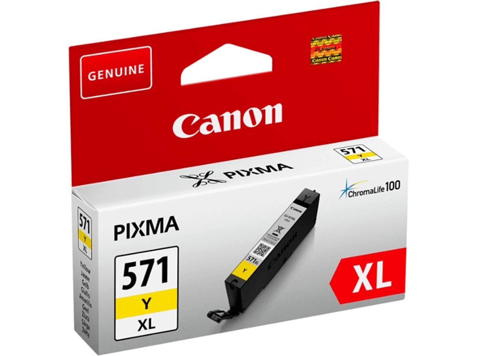Confezione di cartucce d'inchiostro Canon Pixma 571Y XL. La confezione è rossa e bianca. La cartuccia è gialla.