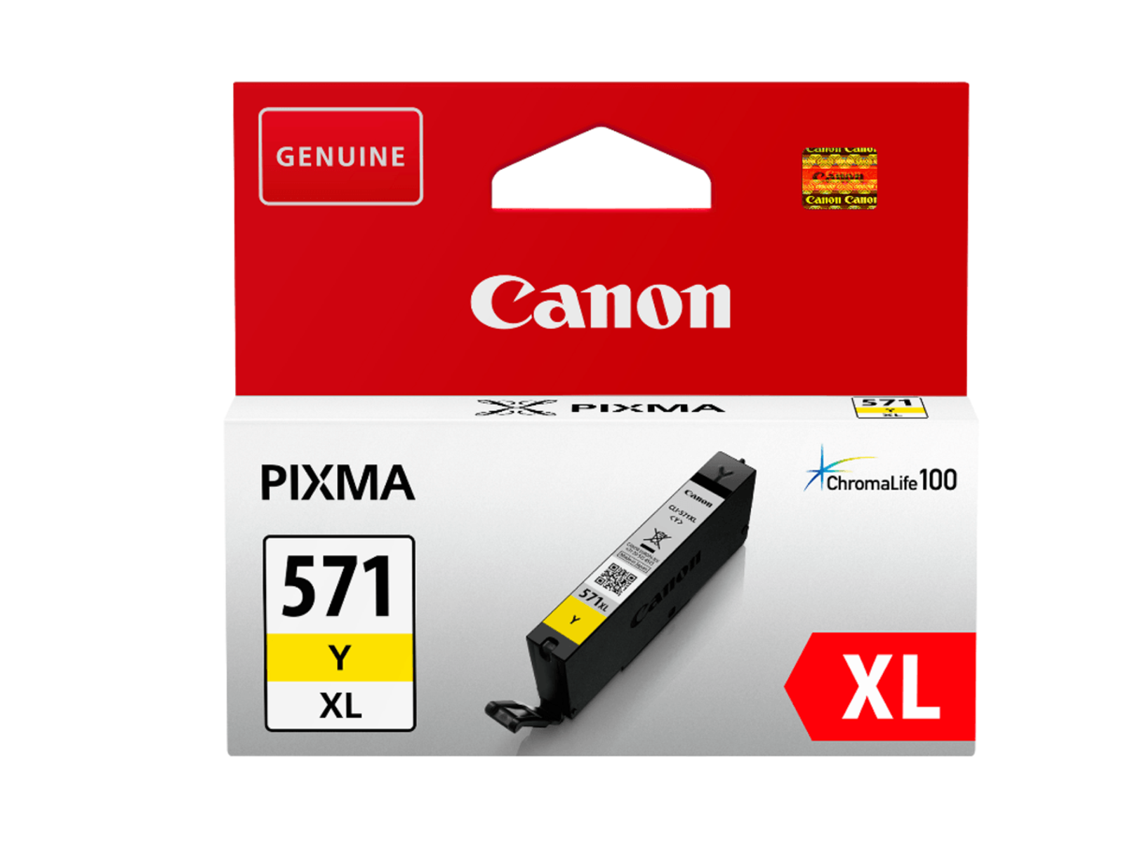 Cartuccia d'inchiostro Canon Pixma 571Y XL in confezione, colore giallo.