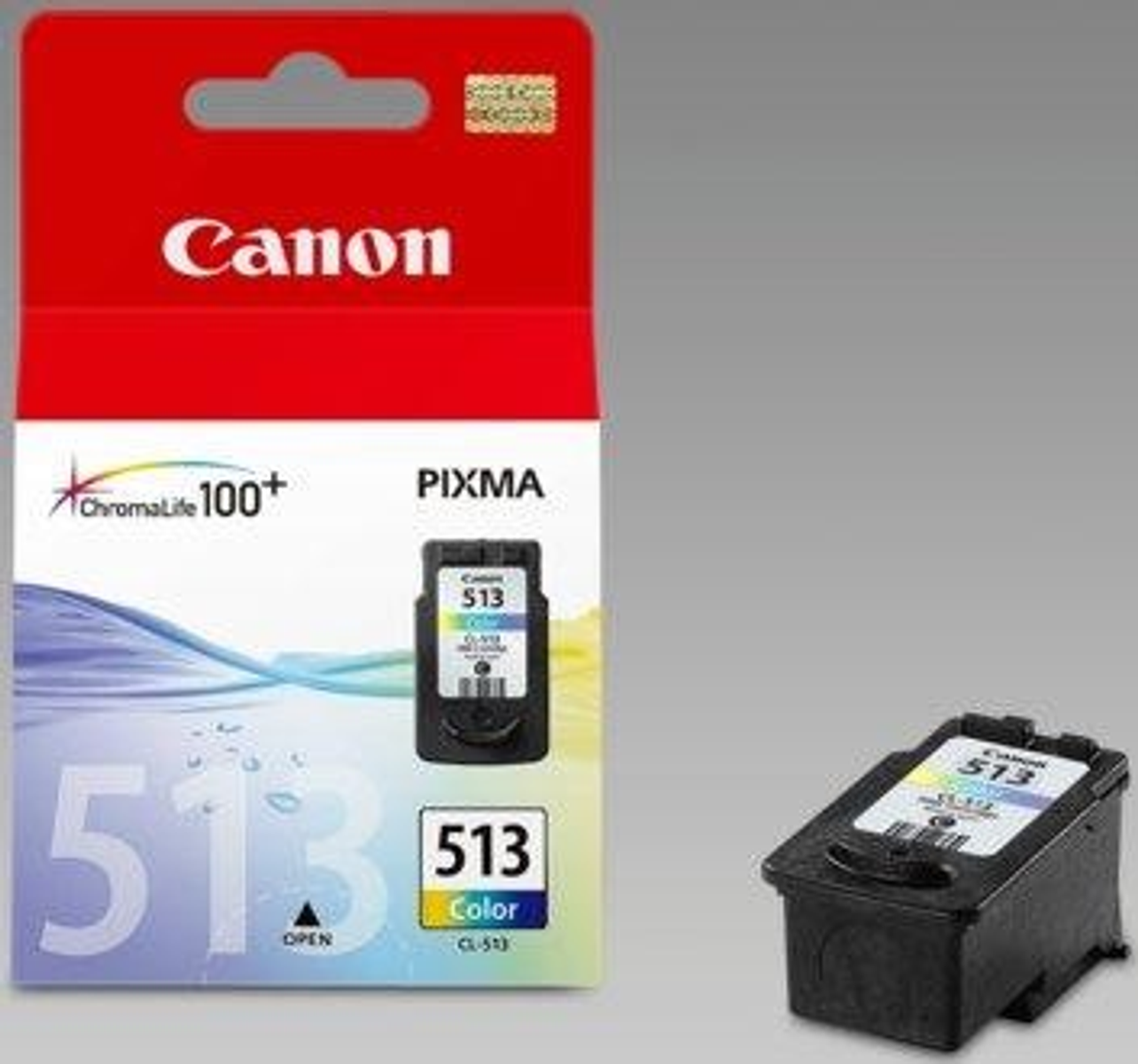 Kolorowy wkład atramentowy Canon 513 w czerwonym pudełku, z dodatkowym wkładem obok.