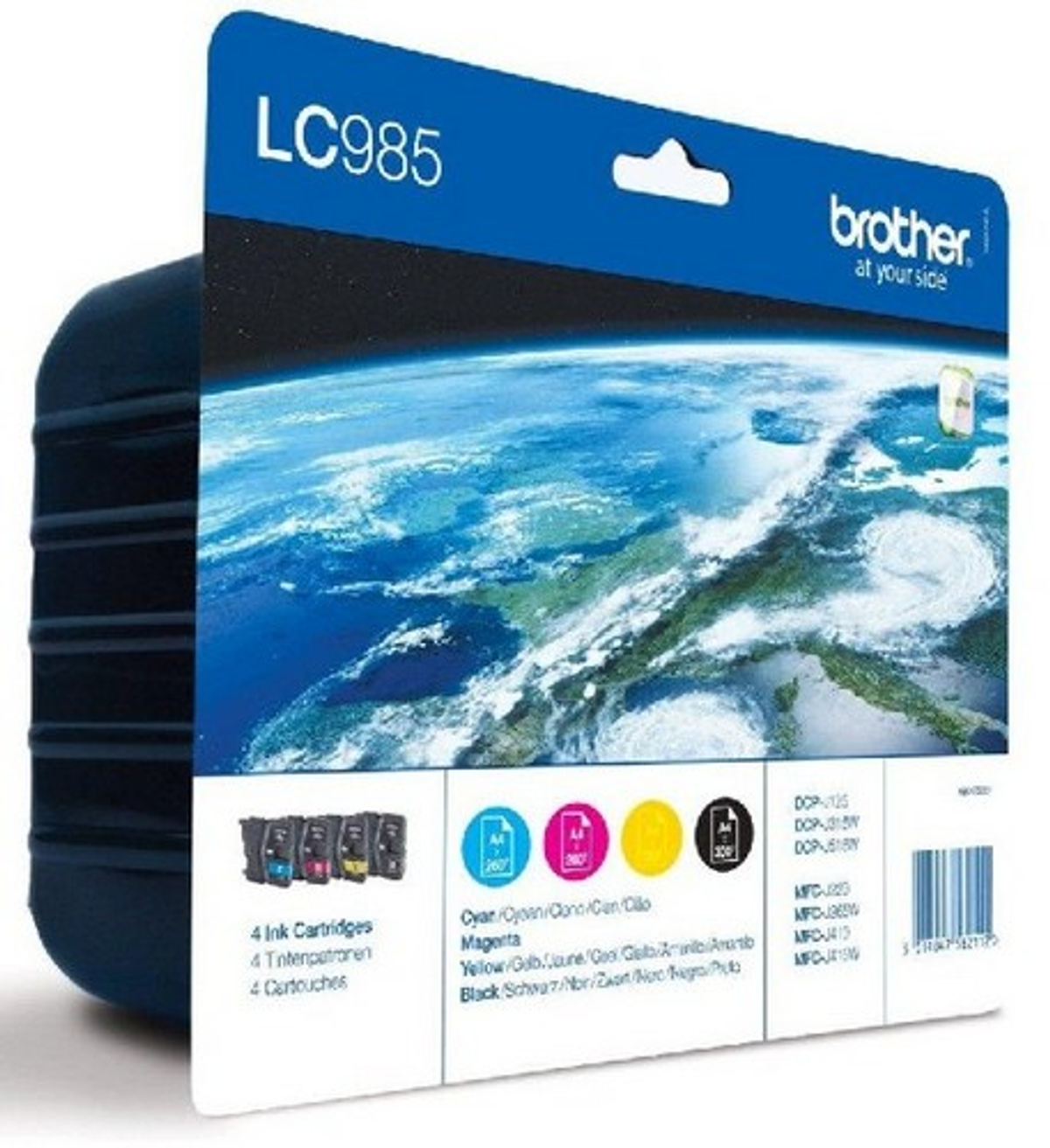 Opakowanie wkładów atramentowych Brother z czterema wkładami. Niebieski, zielony, żółty i czarny.