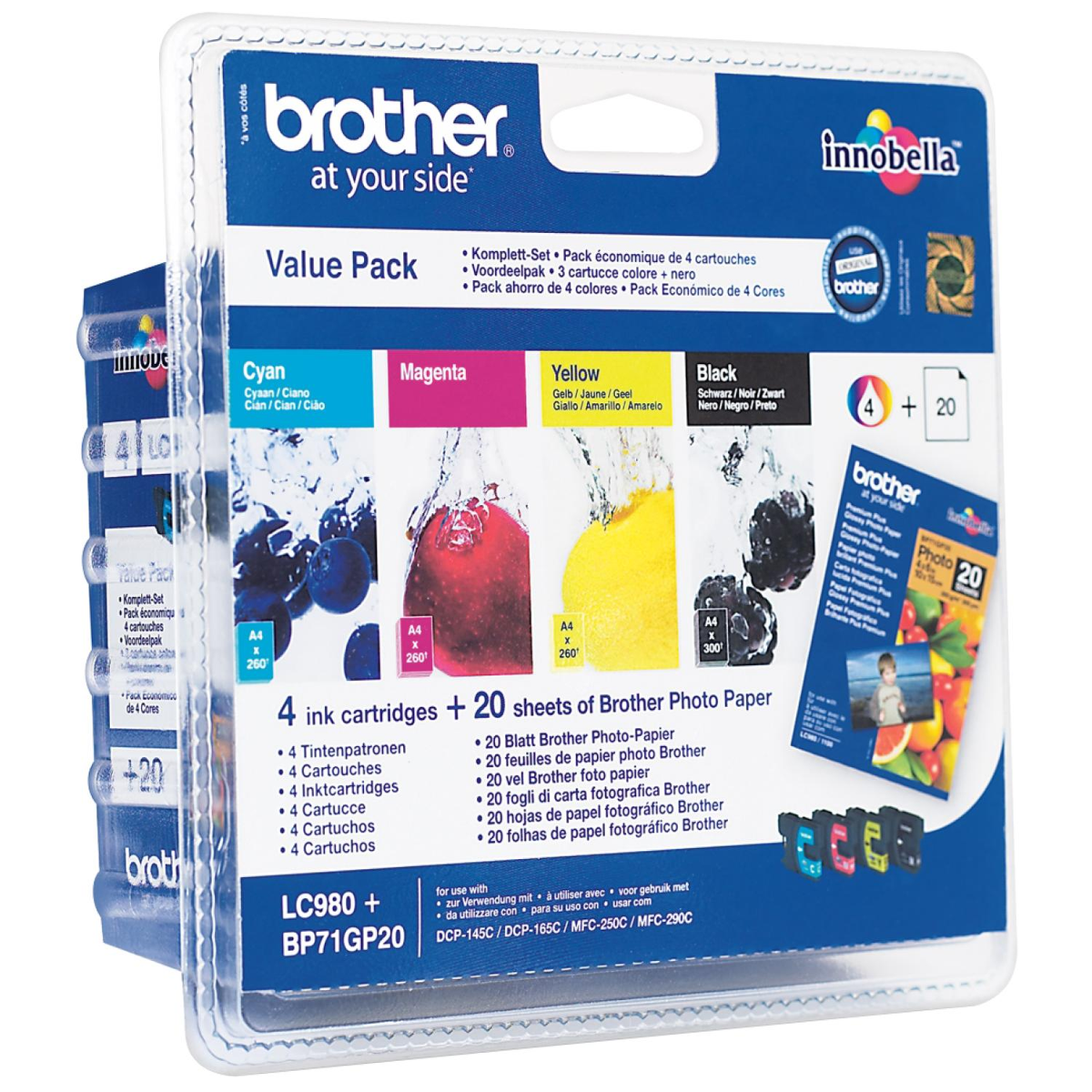 Zestaw wkładów atramentowych Brother LC980+BP71GP20 z atramentami cyjan, magenta, żółty i czarny.