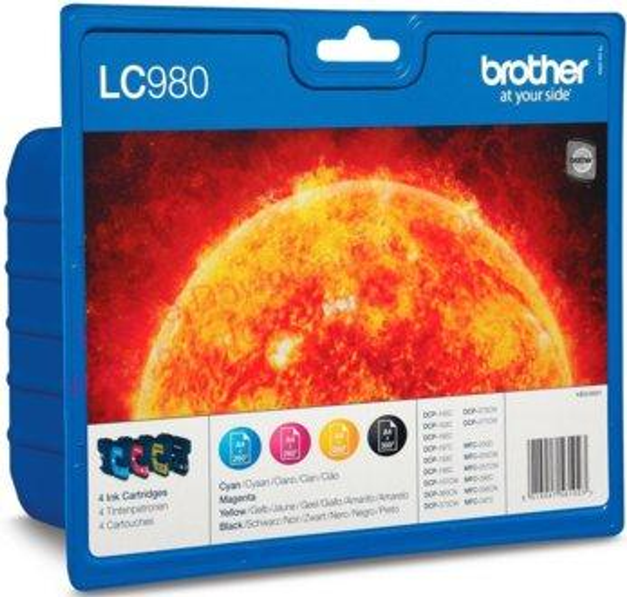 Opakowanie wkładu atramentowego Brother. Niebieskie opakowanie z wizerunkiem słońca. Pokazuje kolory tuszu i logo Brother.