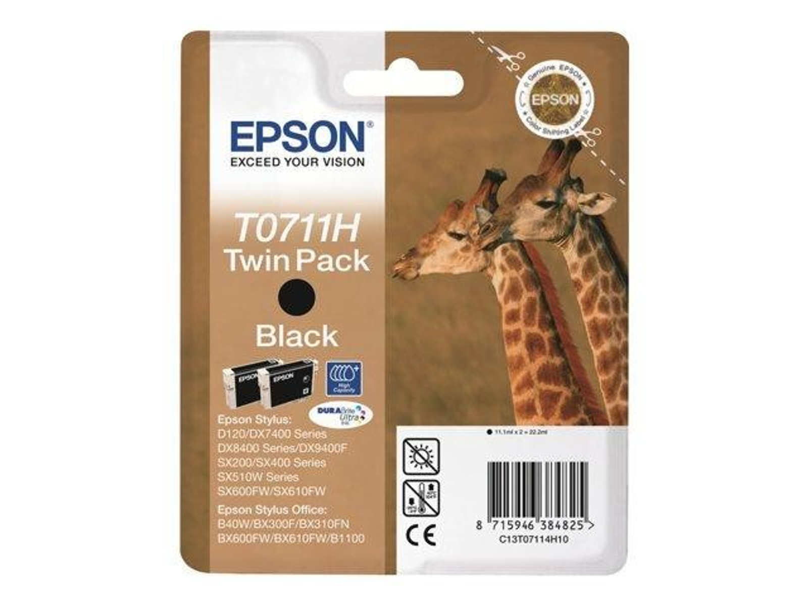 Epson T0711H Doppelpack Tintenpatronenverpackung mit Giraffenbild.