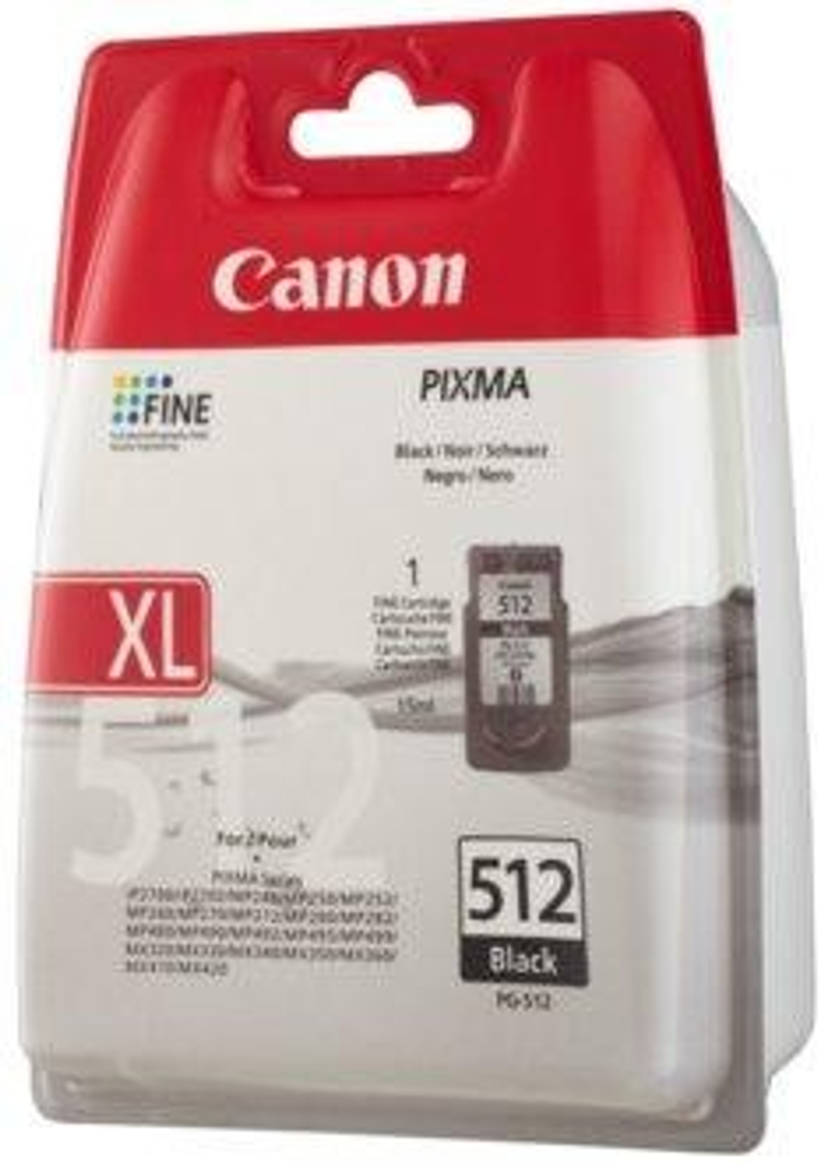 Canon Pixma 512 Black XL inktcartridge verpakking. De verpakking is rood en wit. De cartridge is zwart.