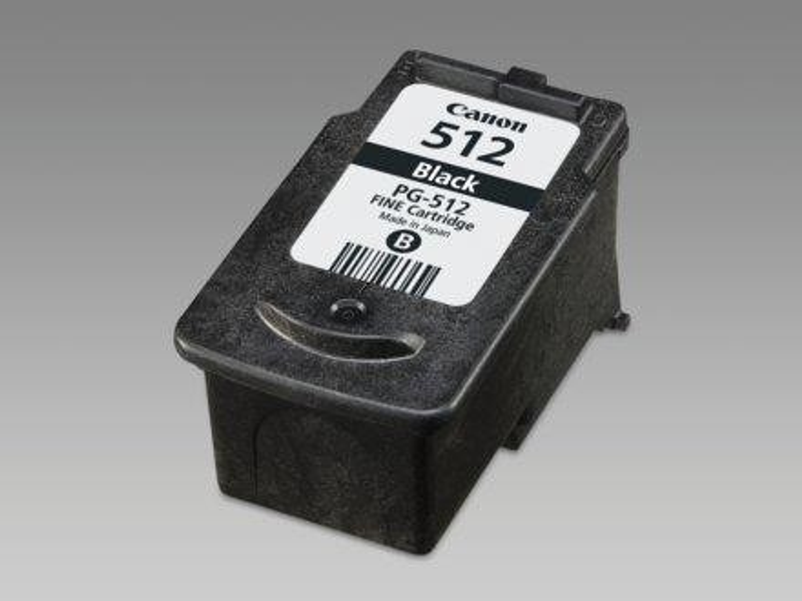 Een zwarte Canon 512 inktcartridge met een label en barcode.