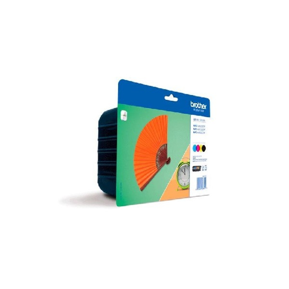 Wkład atramentowy Brother w opakowaniu, z półotwartym pomarańczowym wachlarzem.