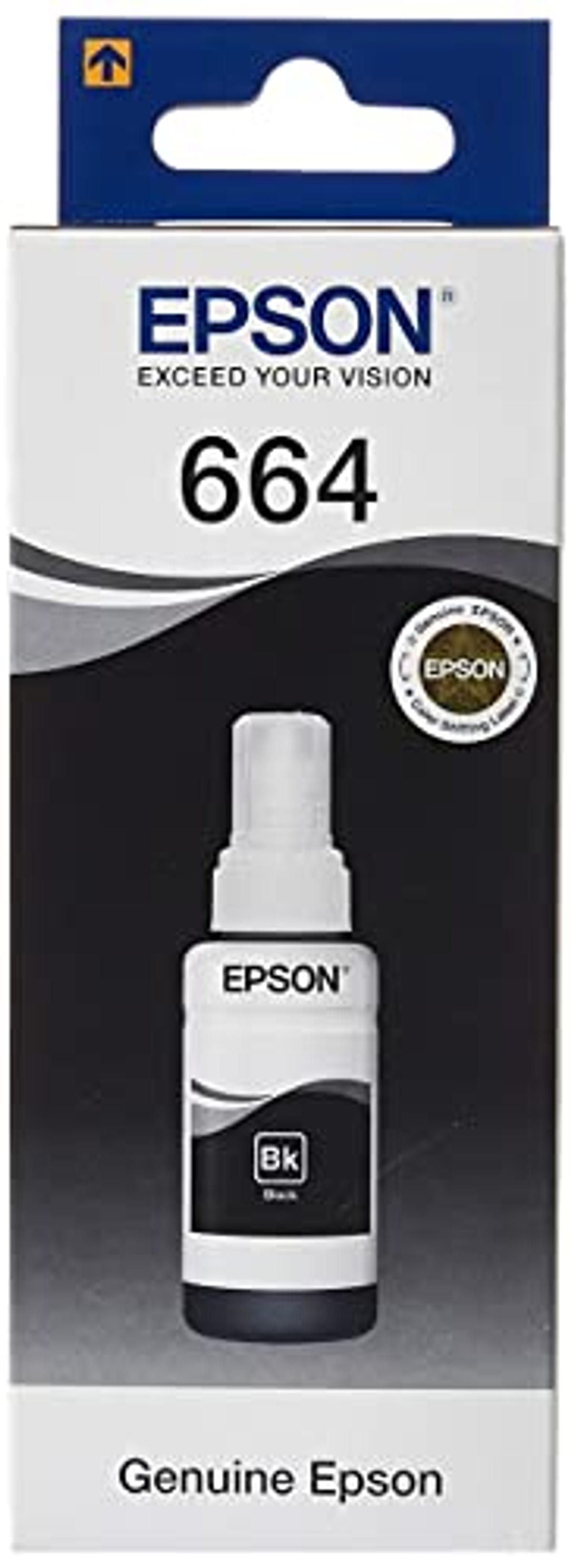 Caja de cartucho de tinta Epson. Botella de tinta negra dentro.