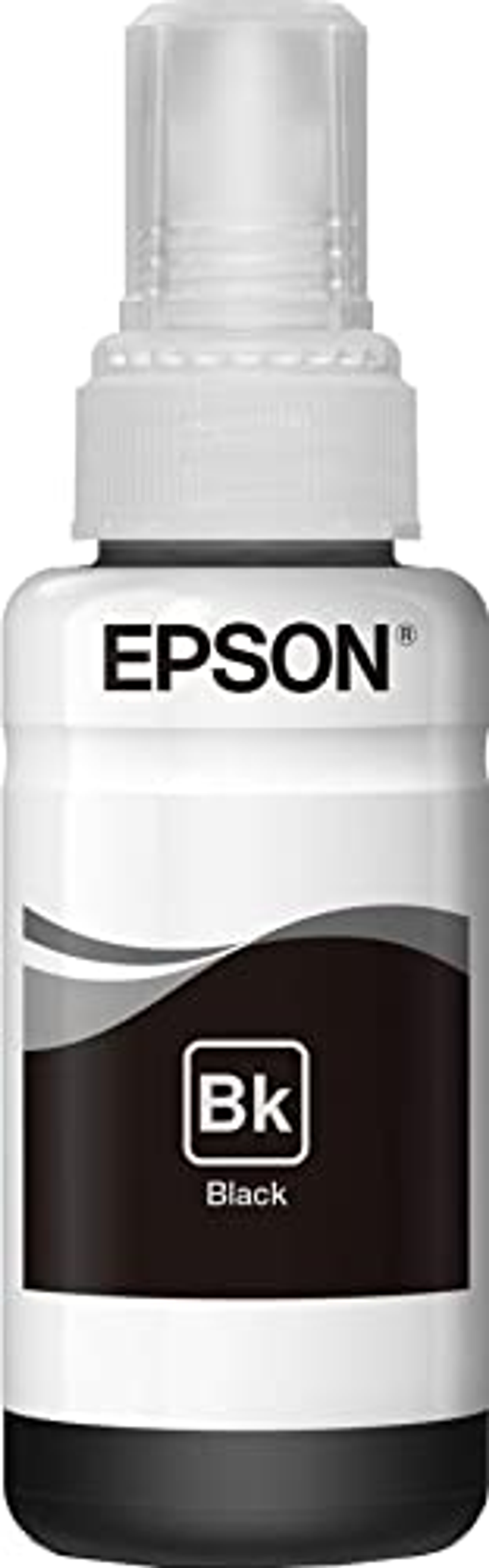 Botella de tinta negra Epson con texto, etiqueta y tapa negros.