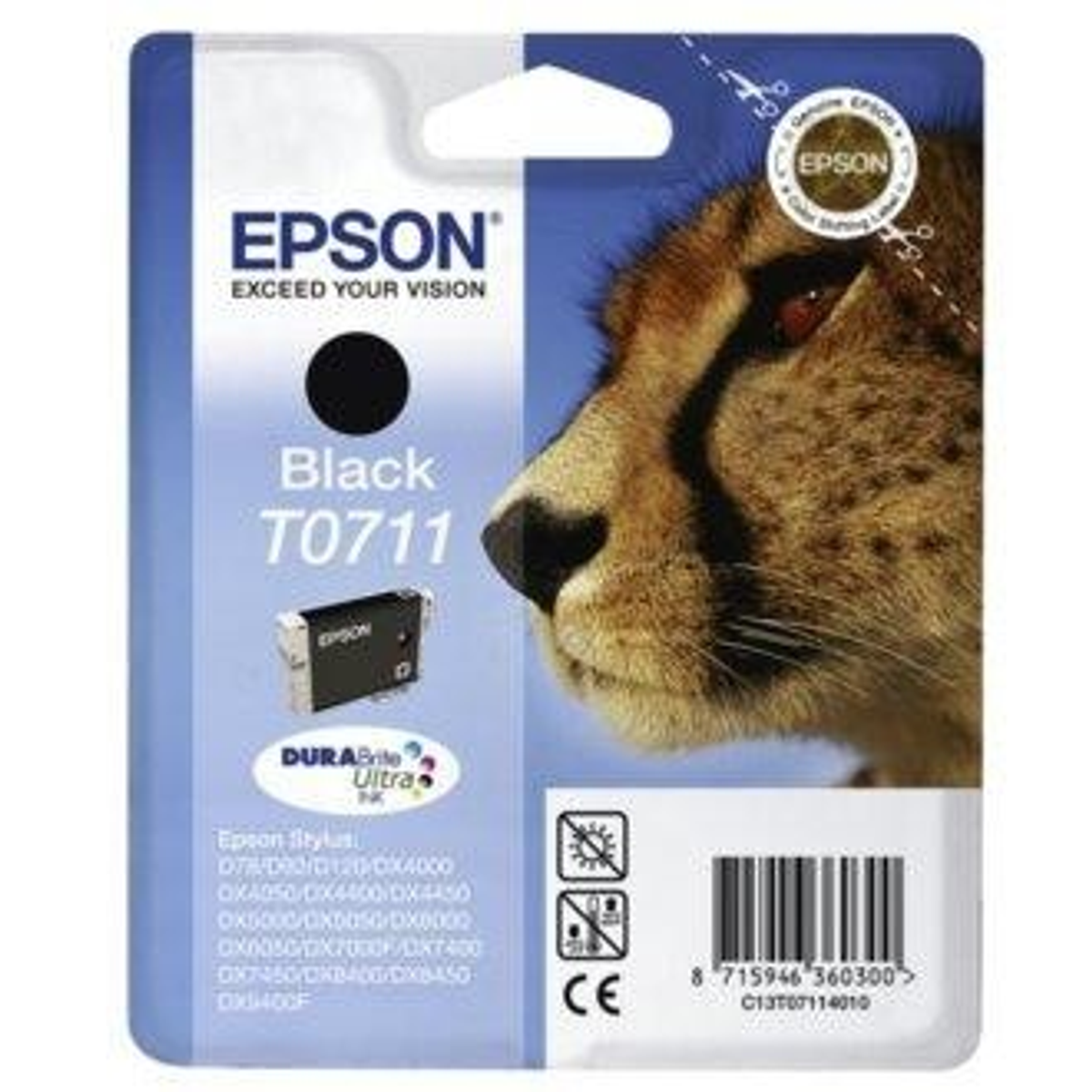 Cartuccia d'inchiostro nero Epson T0711 con la faccia di un ghepardo a destra. Codice a barre e logo Epson.