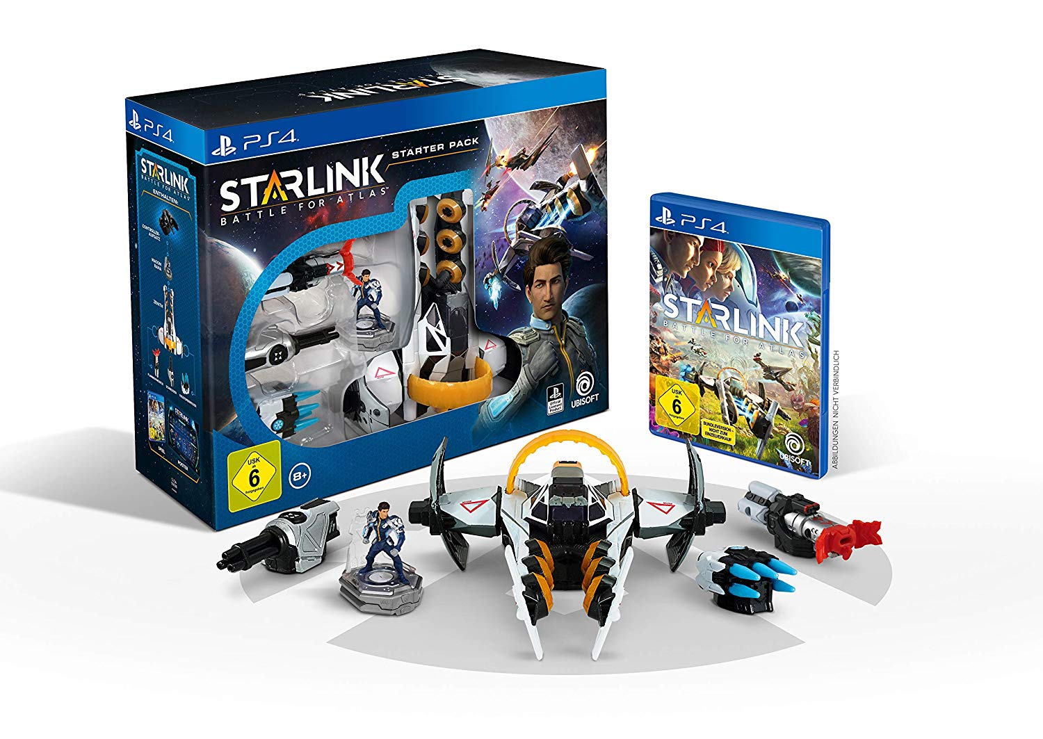 Starlink-Spielset, eine Box mit Spiel und Spielzeugraumschiffteilen.