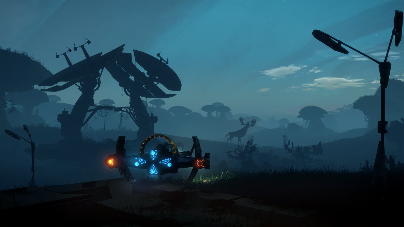 Futuristische Landschaft in der Abenddämmerung mit Fahrzeug, Satellitenschüssel, Bäumen und einer Hirschsilhouette.