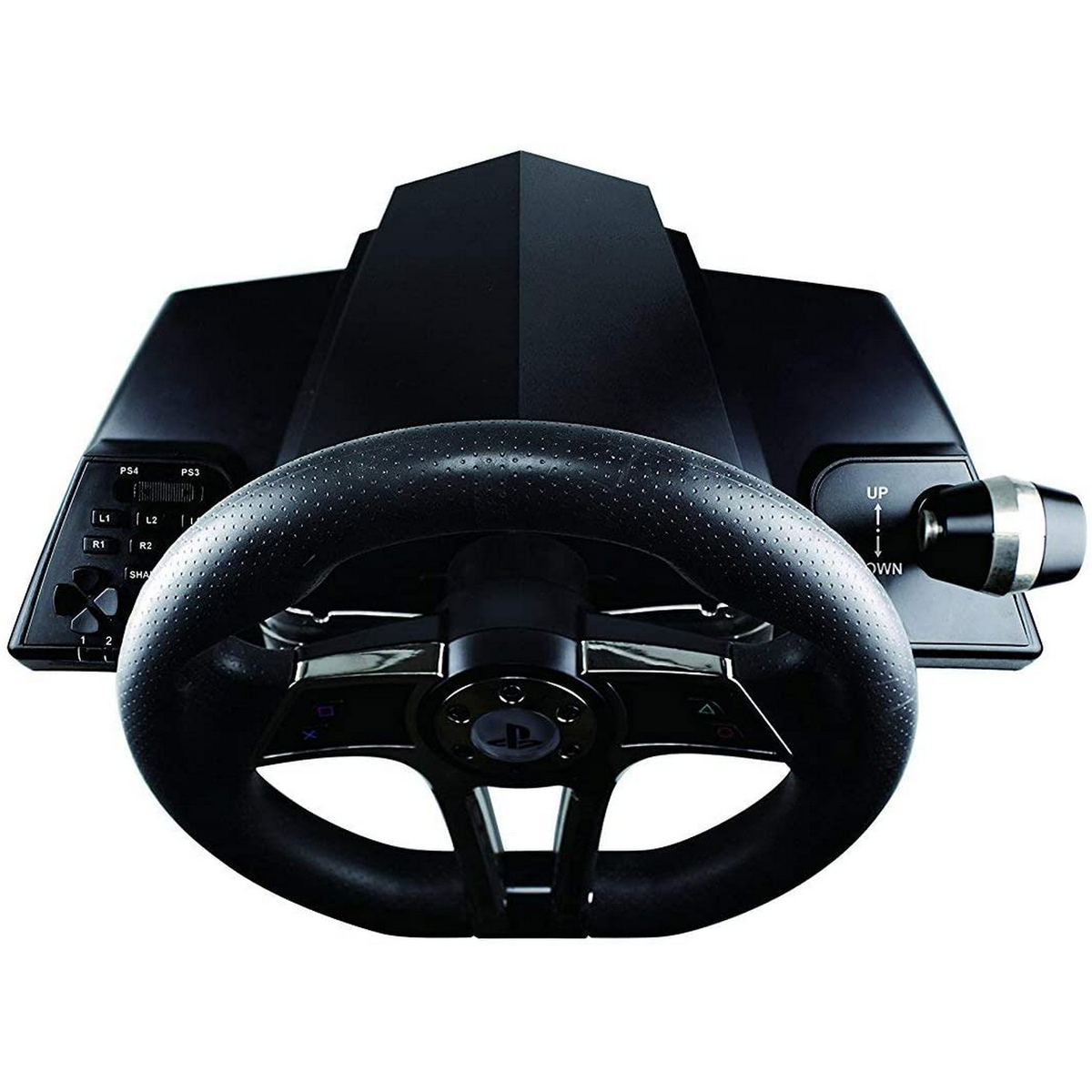 Czarna kierownica symulatora wyścigów z przyciskami na białym tle.