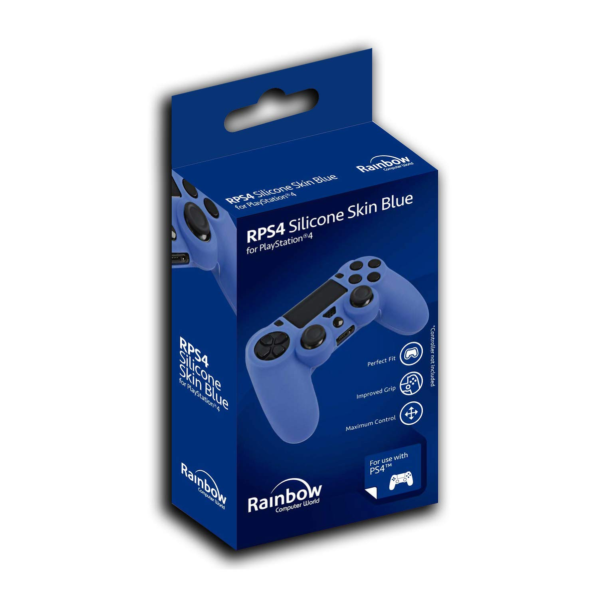 Piel de controlador azul en una caja, para Playstation 4. Se muestran el logotipo de la marca y detalles del producto.