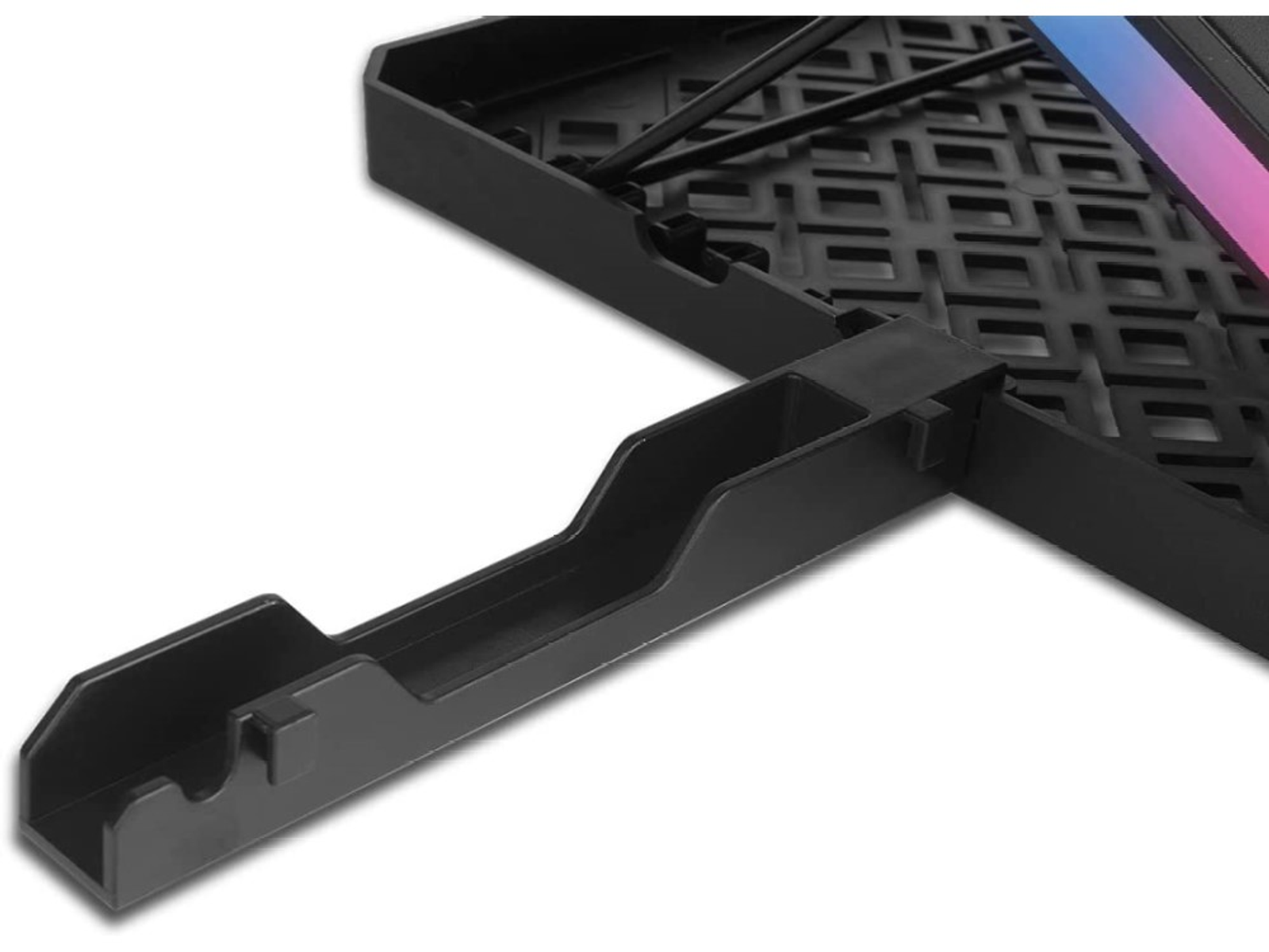 Accesorio de computadora de plástico negro con soporte y soporte.