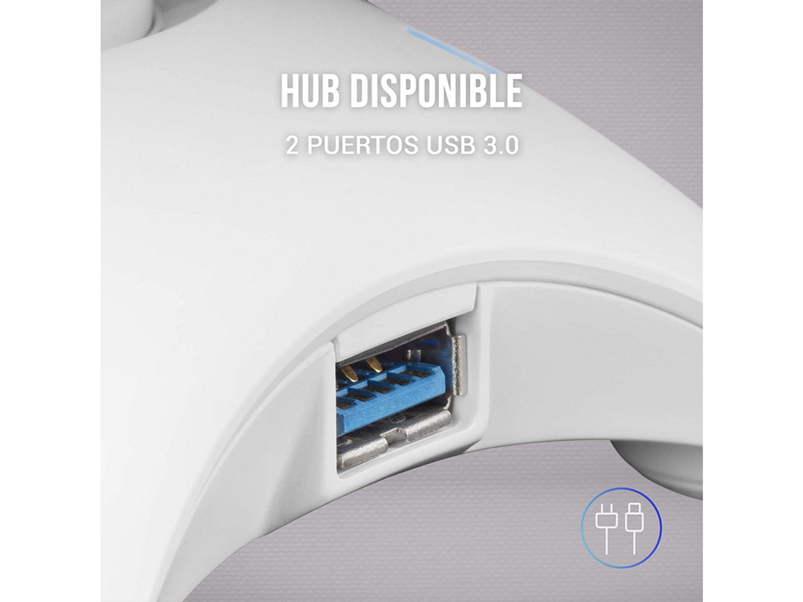 Dispositivo blanco con puerto USB. Texto superior: HUB DISPONIBLE 2 PUERTOS USB 3.0. El puerto tiene conectores azules y dorados.