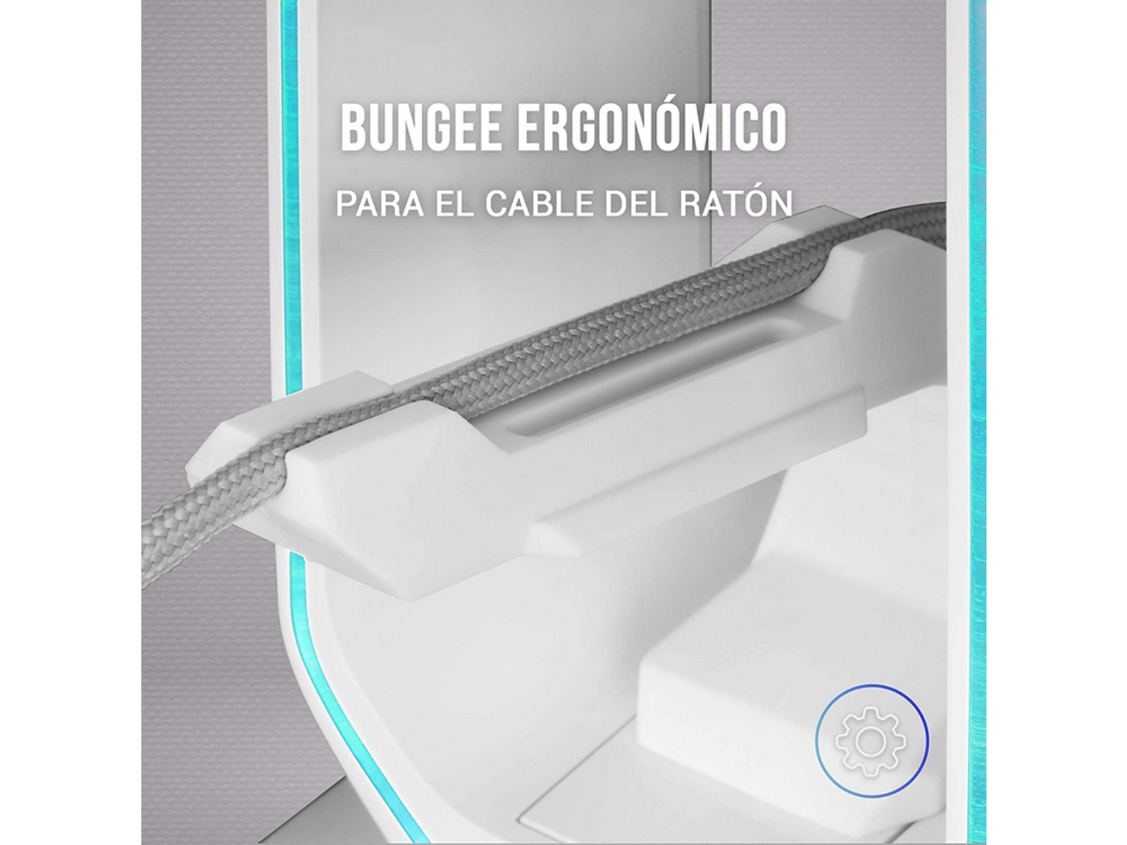 Bungee ergonómico blanco para cable de ratón. Cable trenzado gris sujetado. Texto: Bungee ergonómico para el cable del ratón.