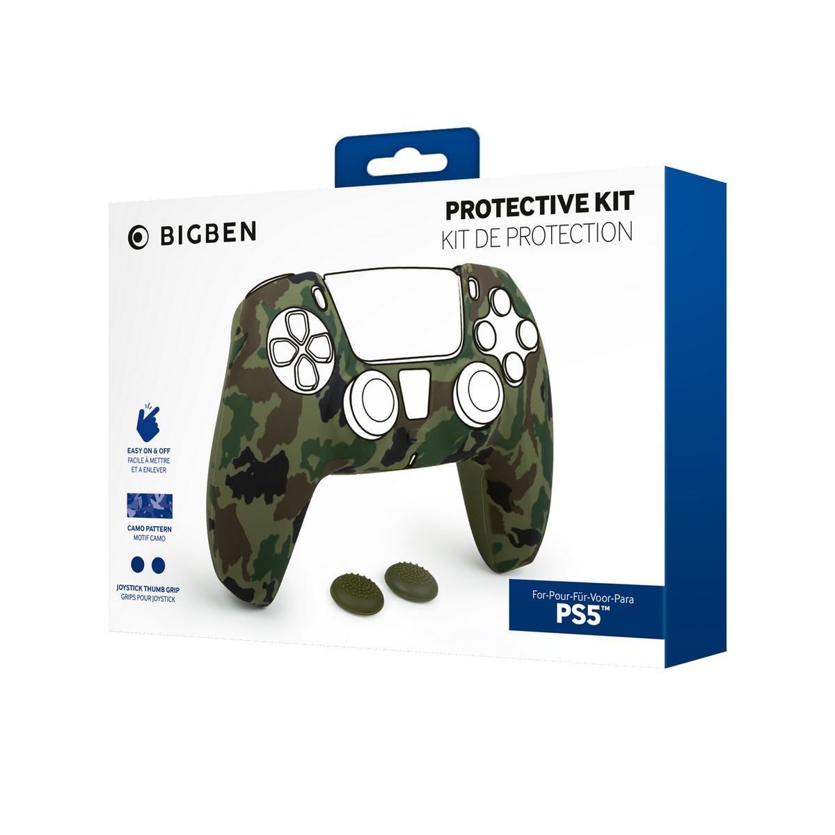 Pudełko zestawu ochronnego do kontrolera PS5, z kamuflażem i uchwytami na kciuki.