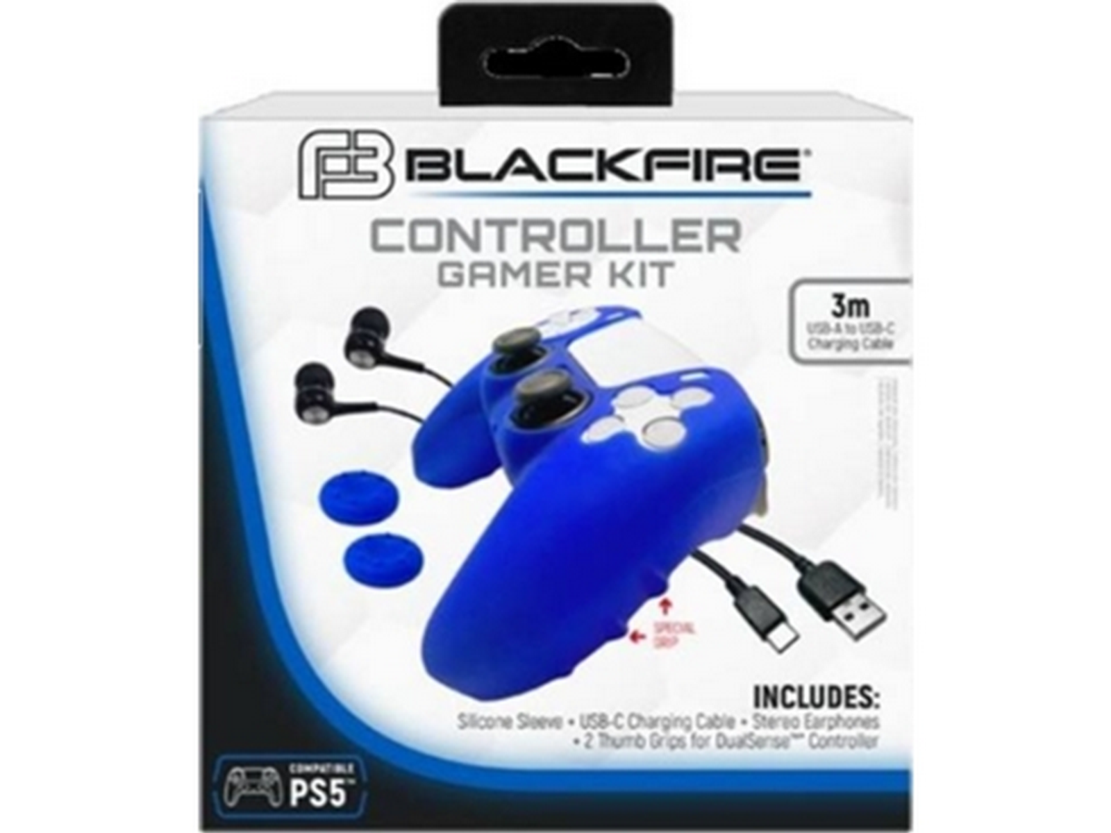 Kit de funda para mando PS5 azul y blanco con auriculares, cable USB y agarres para pulgar.