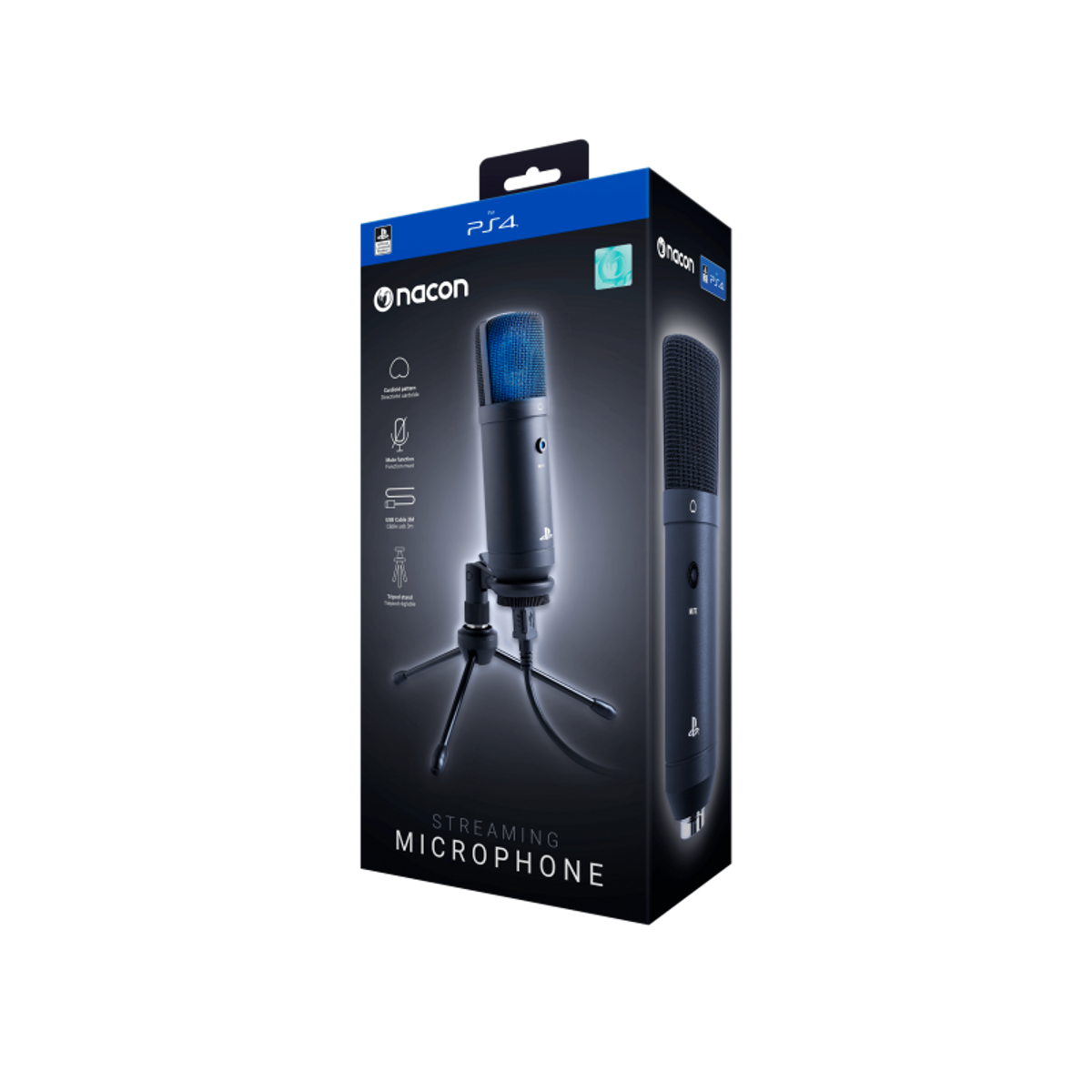 Ein schwarzes Streaming-Mikrofon auf einem Stativ, in einer Box mit dem Nacon-Logo.