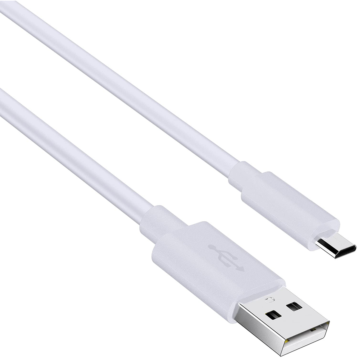 Un cavo USB-A a USB-C bianco su sfondo bianco.