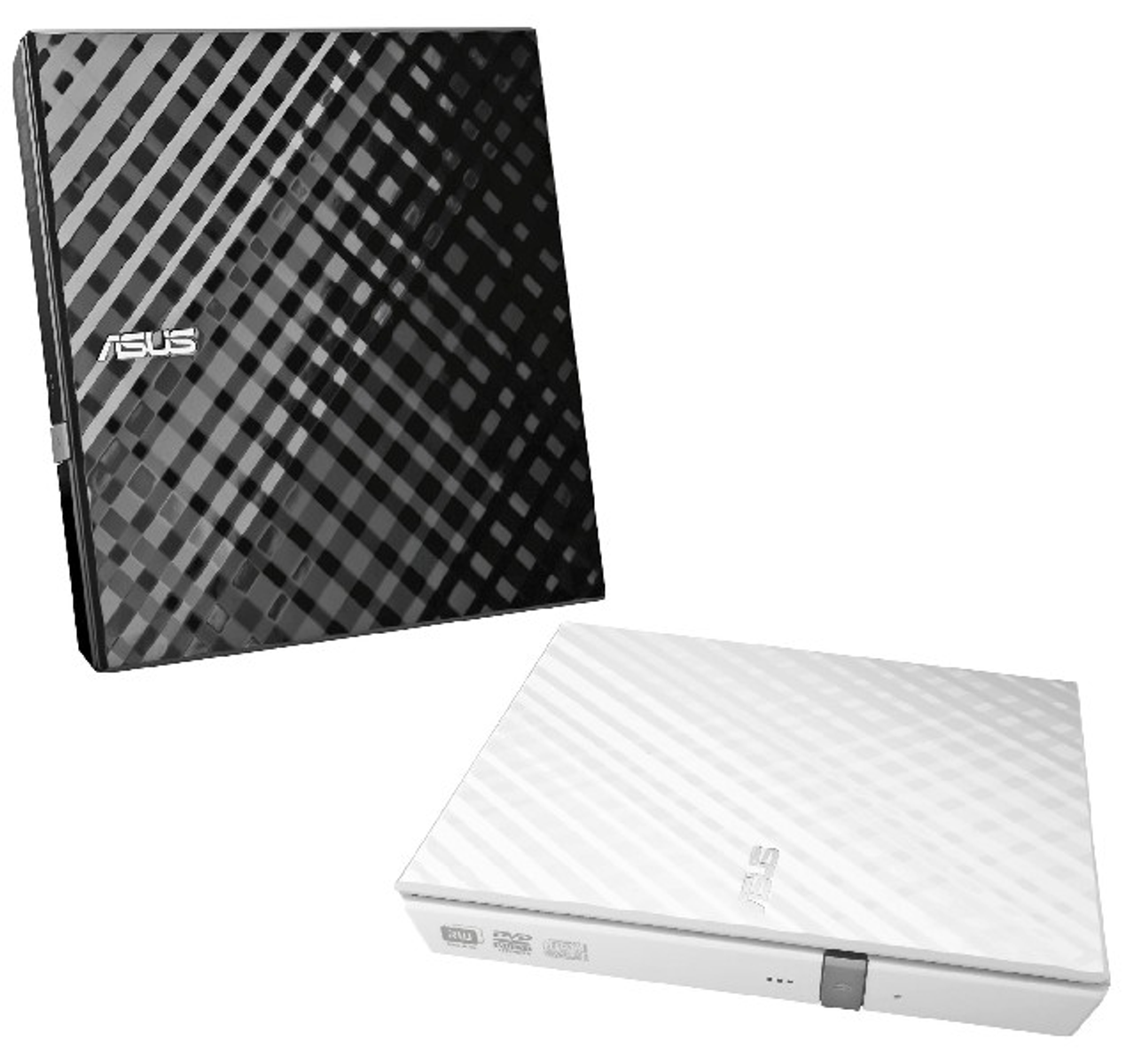 Dwie czarno-białe nagrywarki DVD ASUS. Jedna jest czarna ze wzorem, druga biała i gładka.