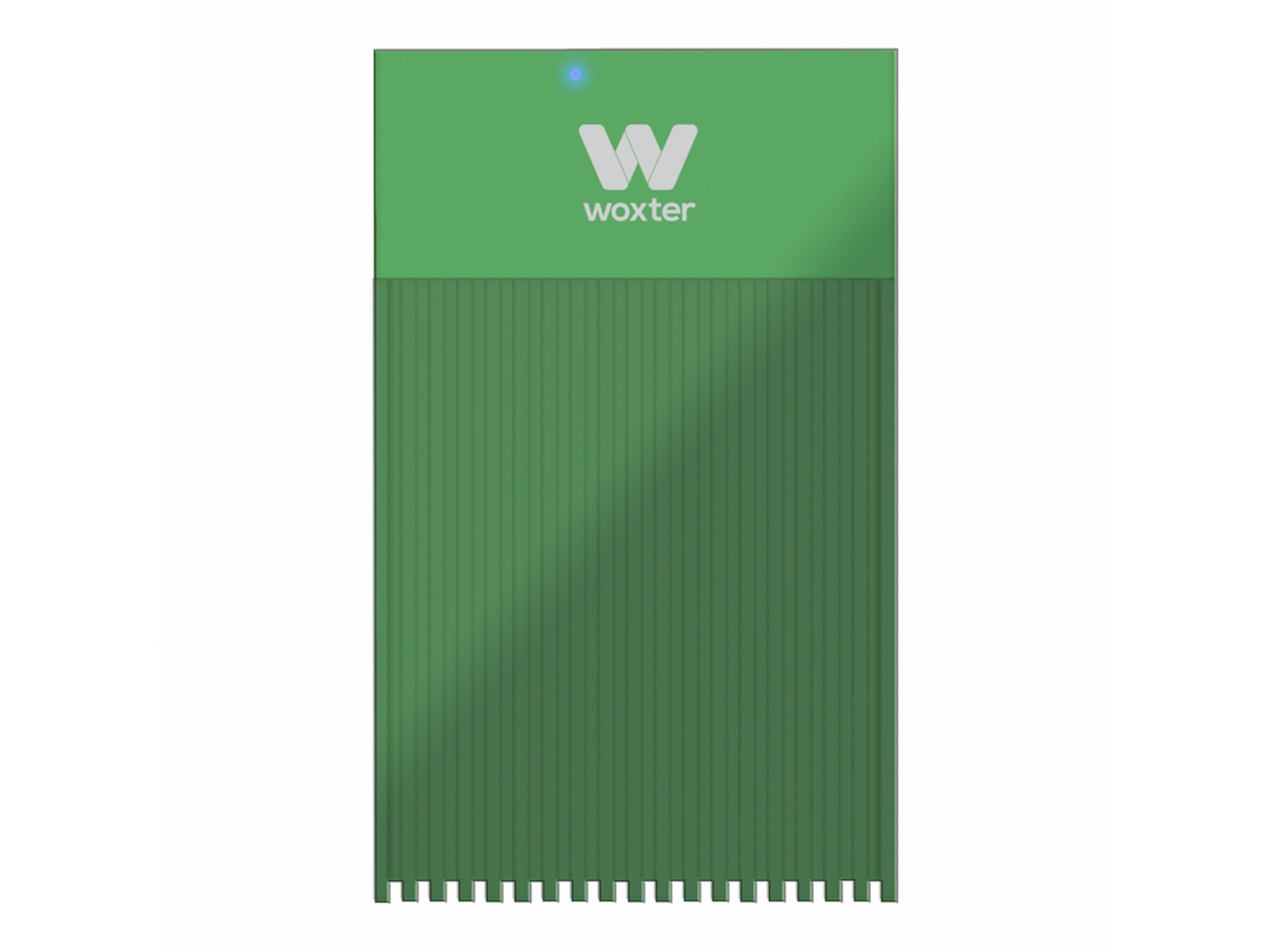 Un dispositivo verde Woxter. Es rectangular con líneas verticales y el nombre de la marca.