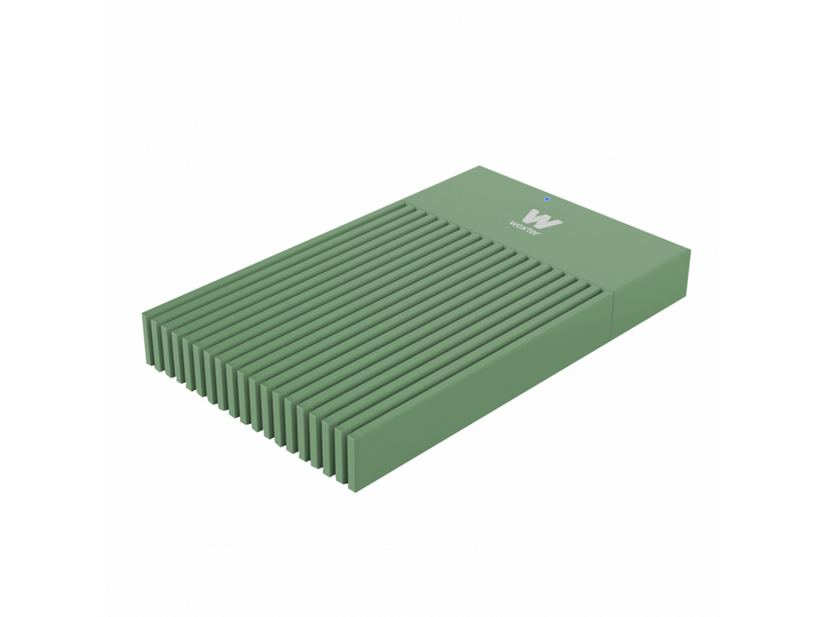 Dispositivo de red rectangular verde con líneas verticales y luz azul.