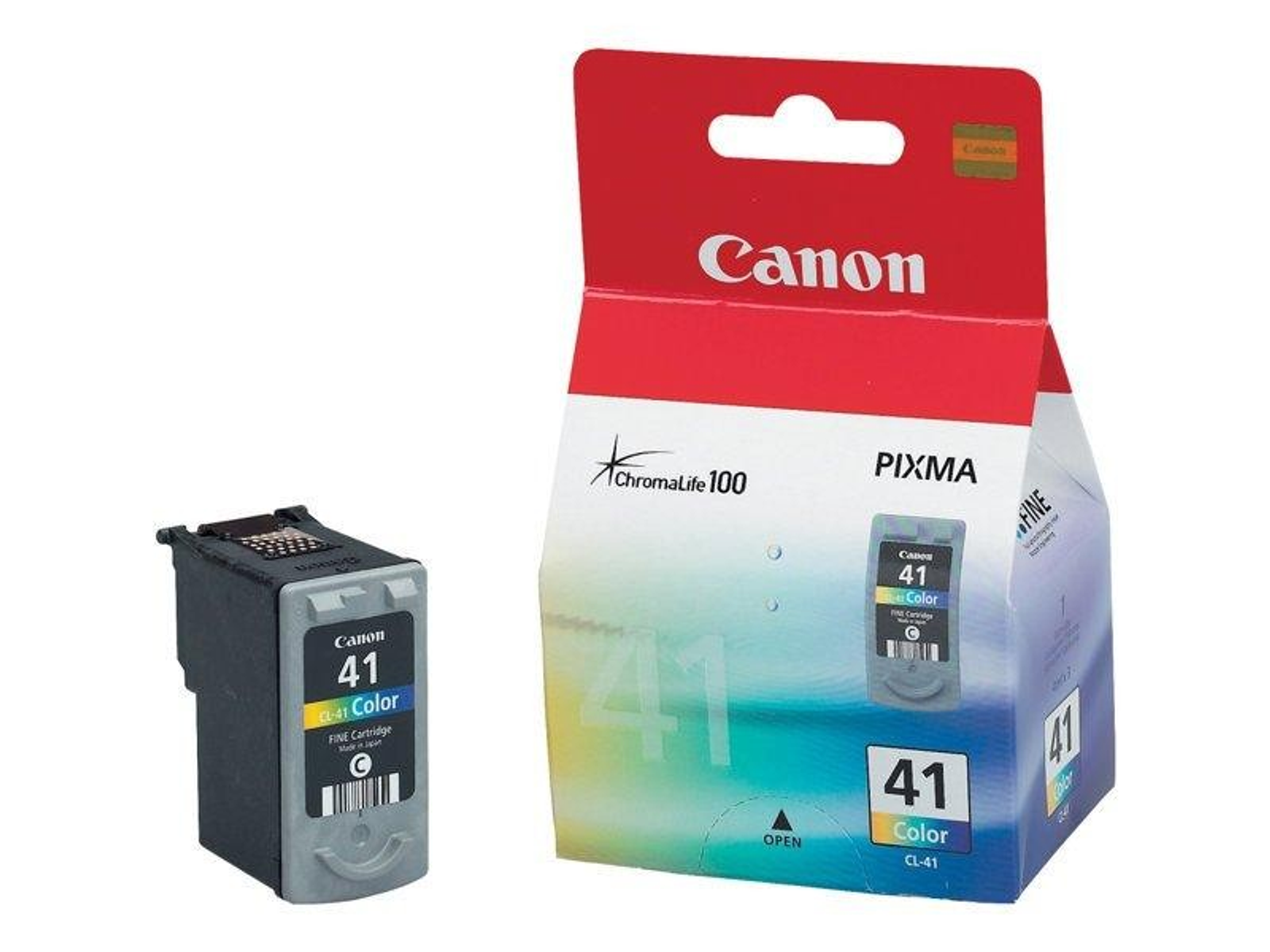 Wkład atramentowy Canon CL-41 color i opakowanie, z wkładem obok pudełka.