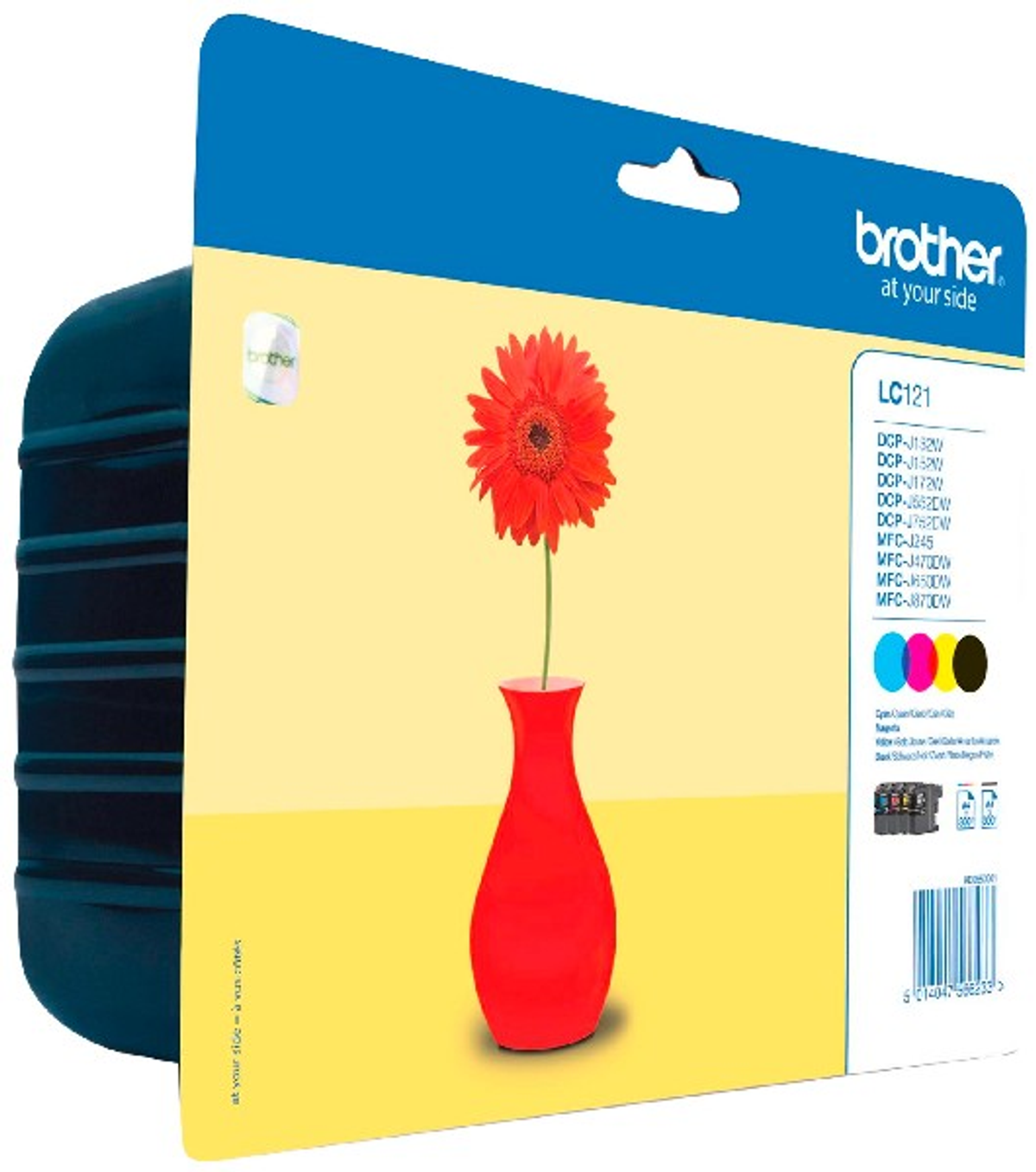 Czerwony kwiat gerbery w czerwonym wazonie na żółtym tle z kartridżem Brother.