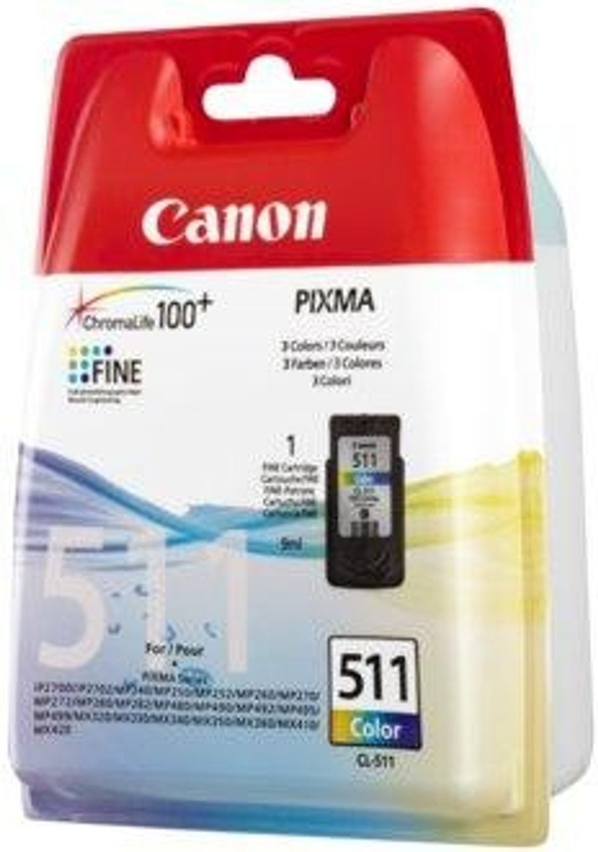 Confezione di cartucce d'inchiostro Canon PIXMA con cartuccia a colori e dettagli dell'imballaggio.