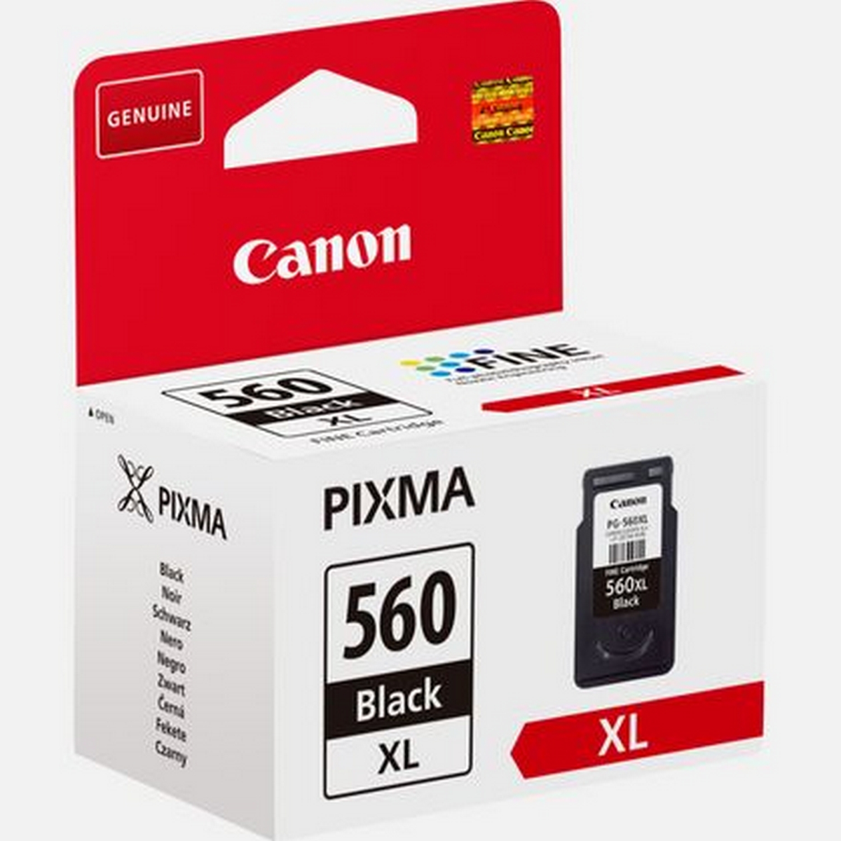 Opakowanie wkładu atramentowego Canon 560XL Black, z wkładem obok pudełka.