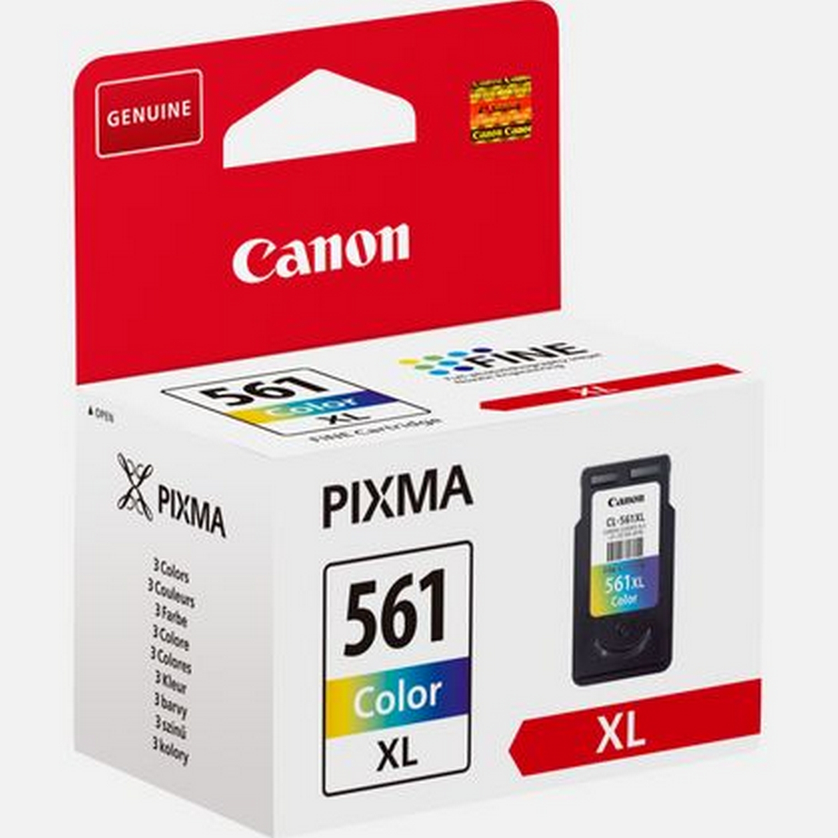 Pudełko z wkładem atramentowym Canon Pixma 561 kolor XL. Czerwono-biało-czarny design.