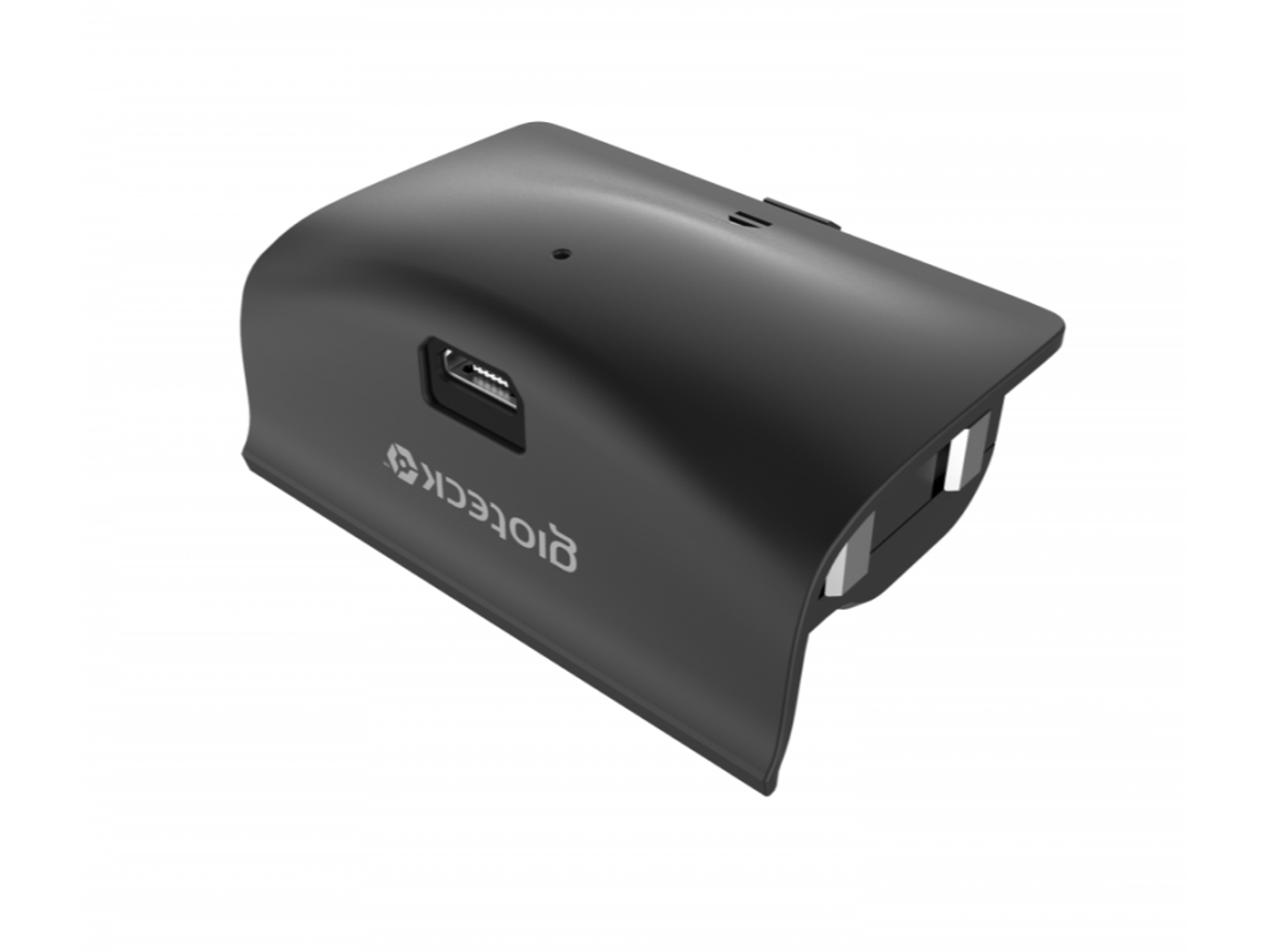 Un dispositivo tecnologico nero con porta USB e logo.