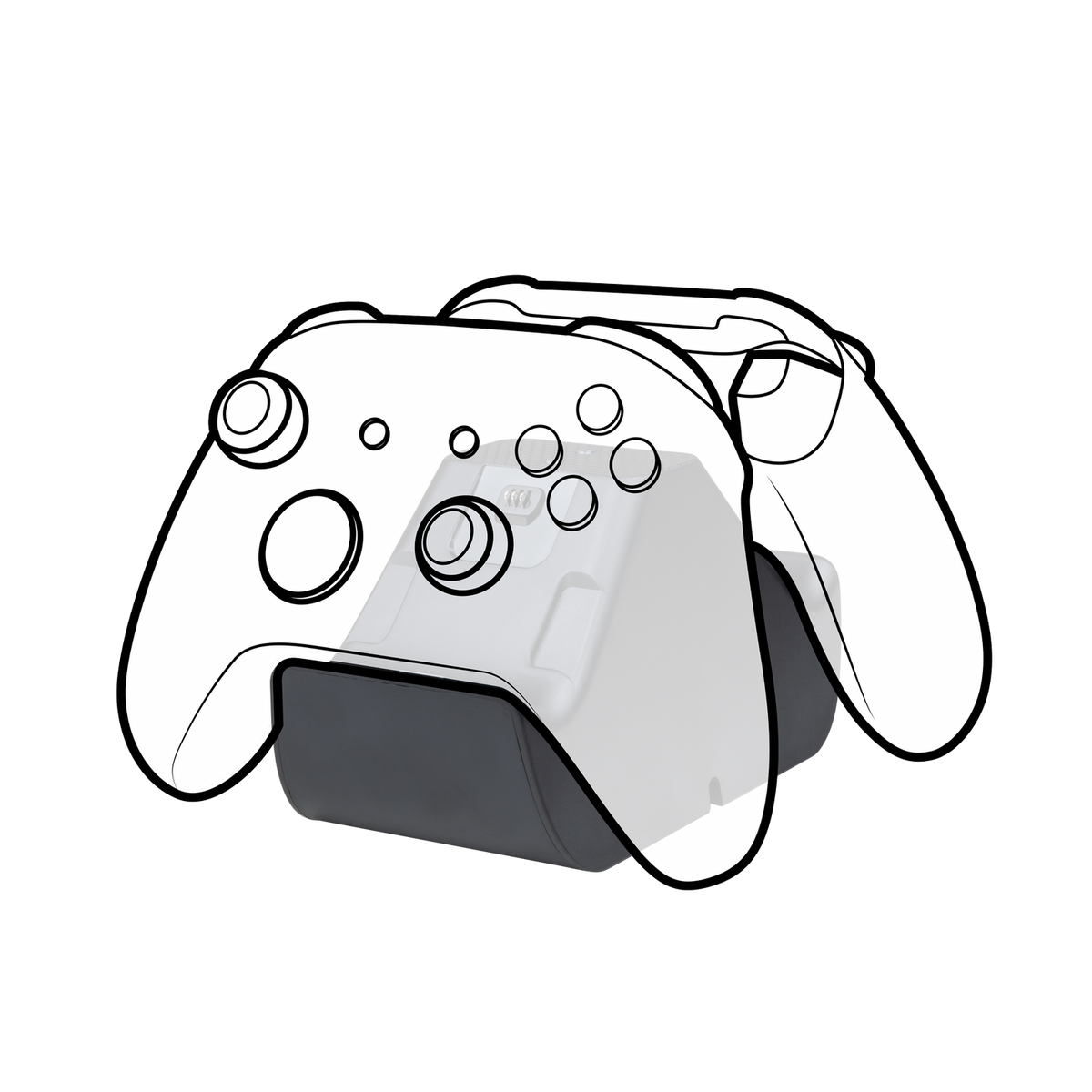 Due controller di gioco bianchi su una stazione di ricarica. I controller hanno pulsanti e levette.