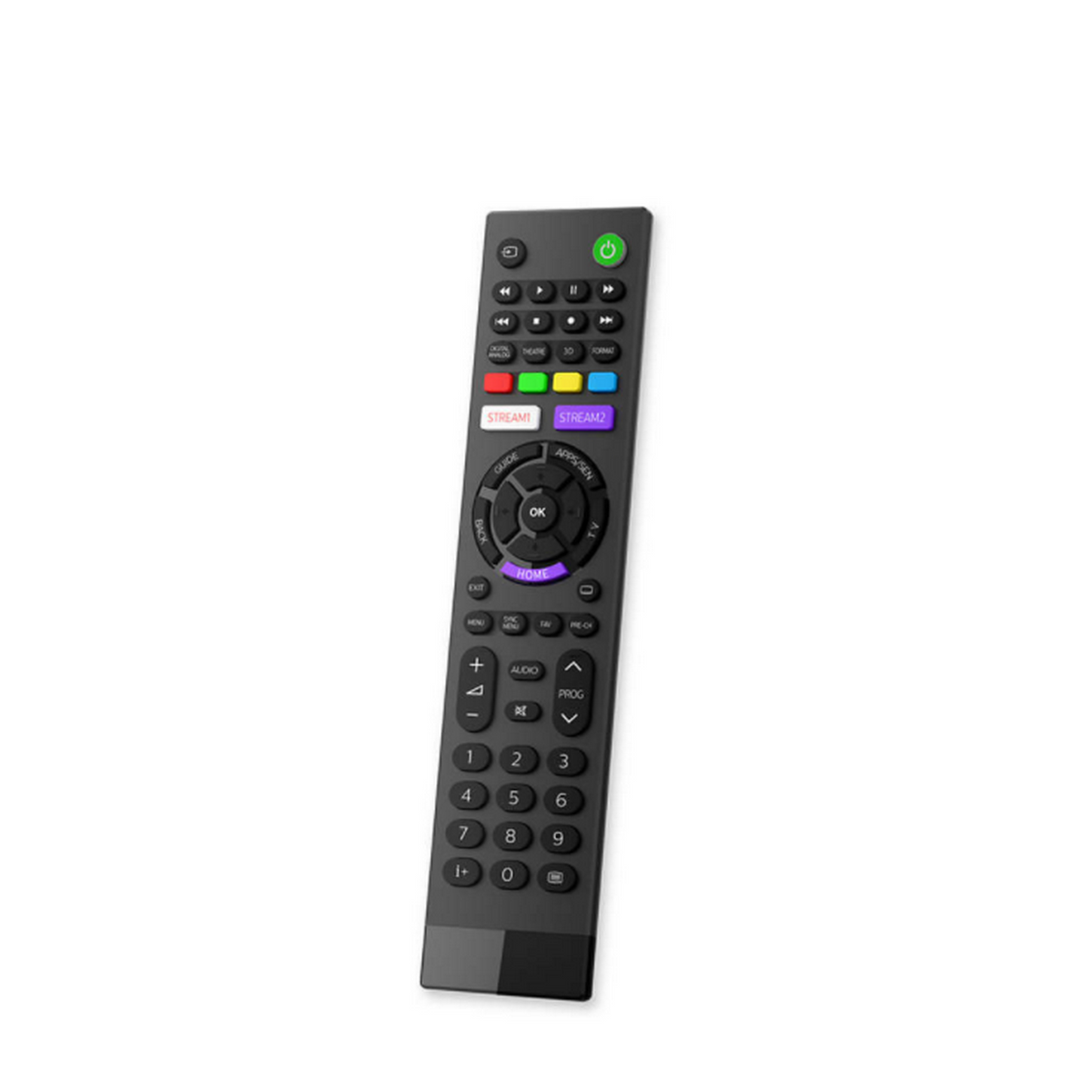 Mando a distancia de TV negro con varios botones sobre fondo blanco.