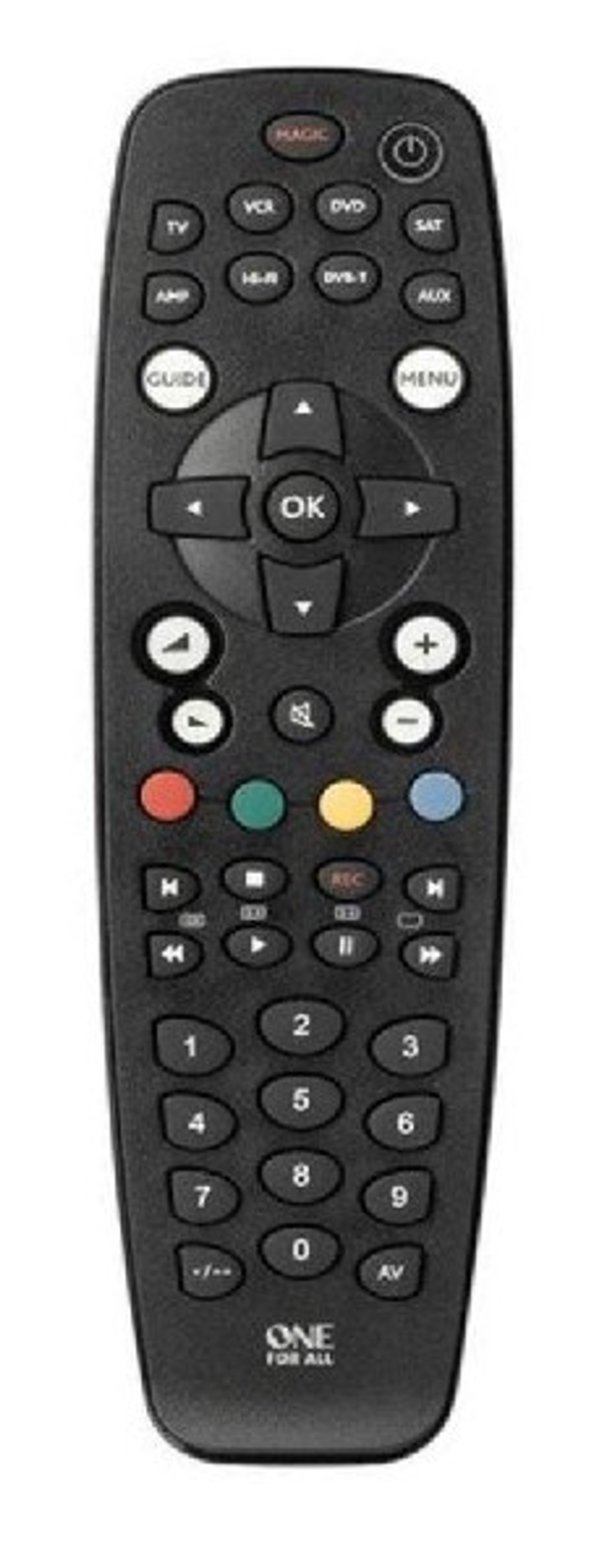 Czarny pilot z wieloma przyciskami; zasilanie, menu i numery. "ONE FOR ALL" jest wydrukowane na dole.
