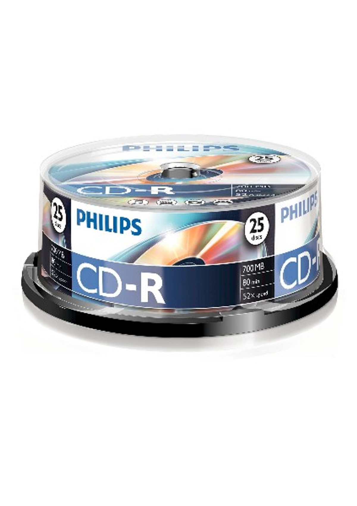 Una pila de discos CD-R Philips en una funda de plástico transparente sobre fondo blanco.