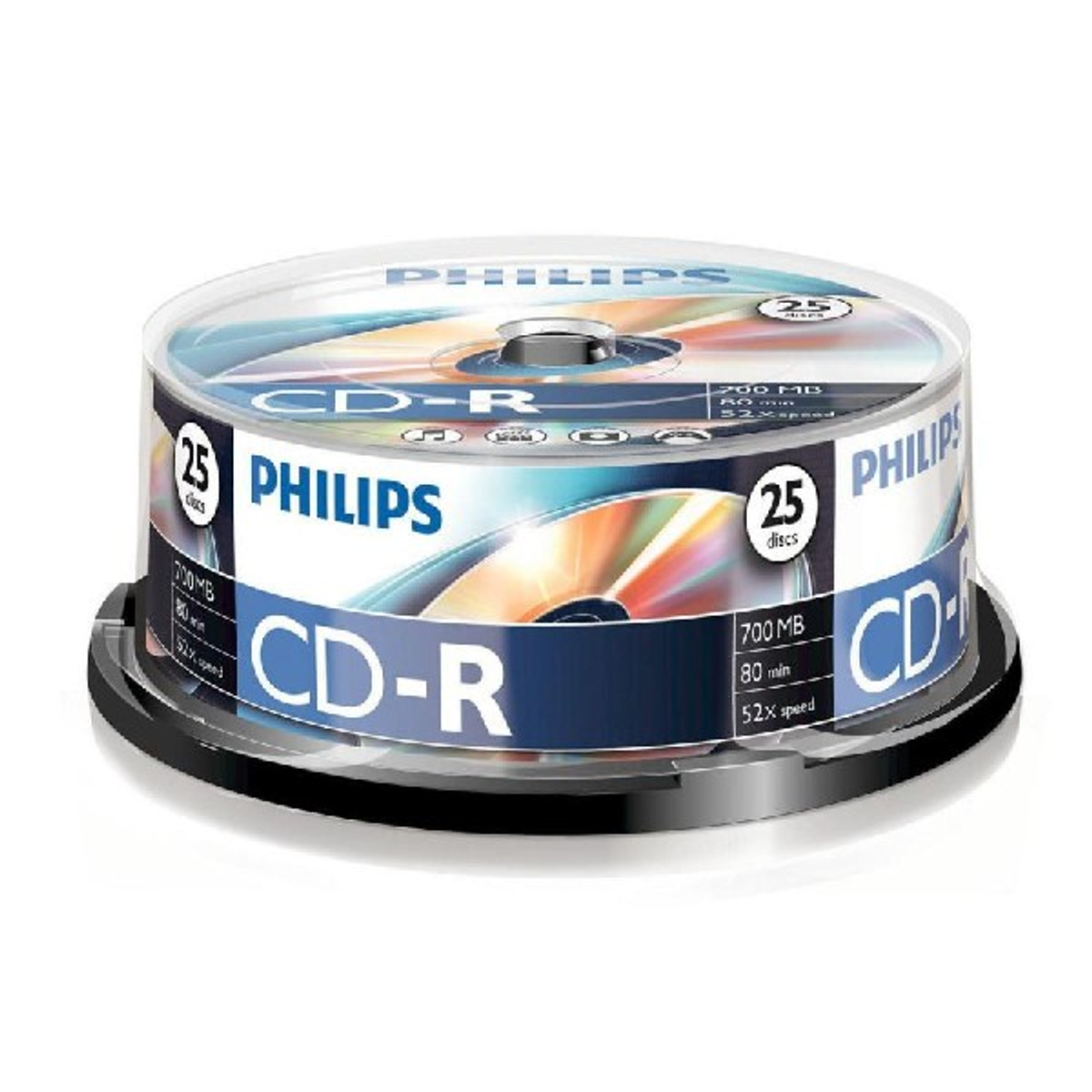 Una pila de 25 discos CD-R Philips en una caja de plástico transparente.