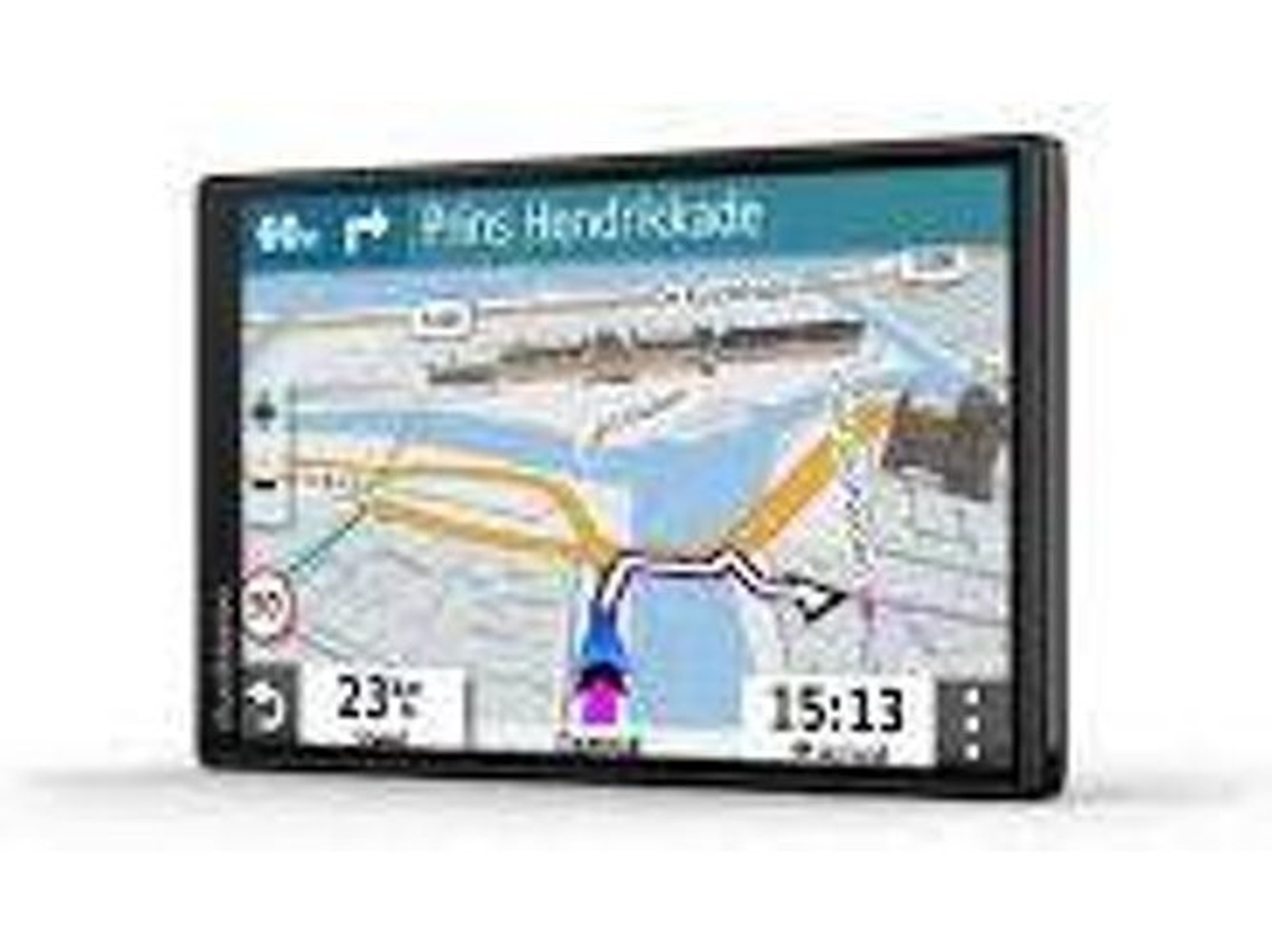 Urządzenie GPS pokazujące mapę ze szczegółami drogowymi. Wyświetla prędkość, czas i trasę.