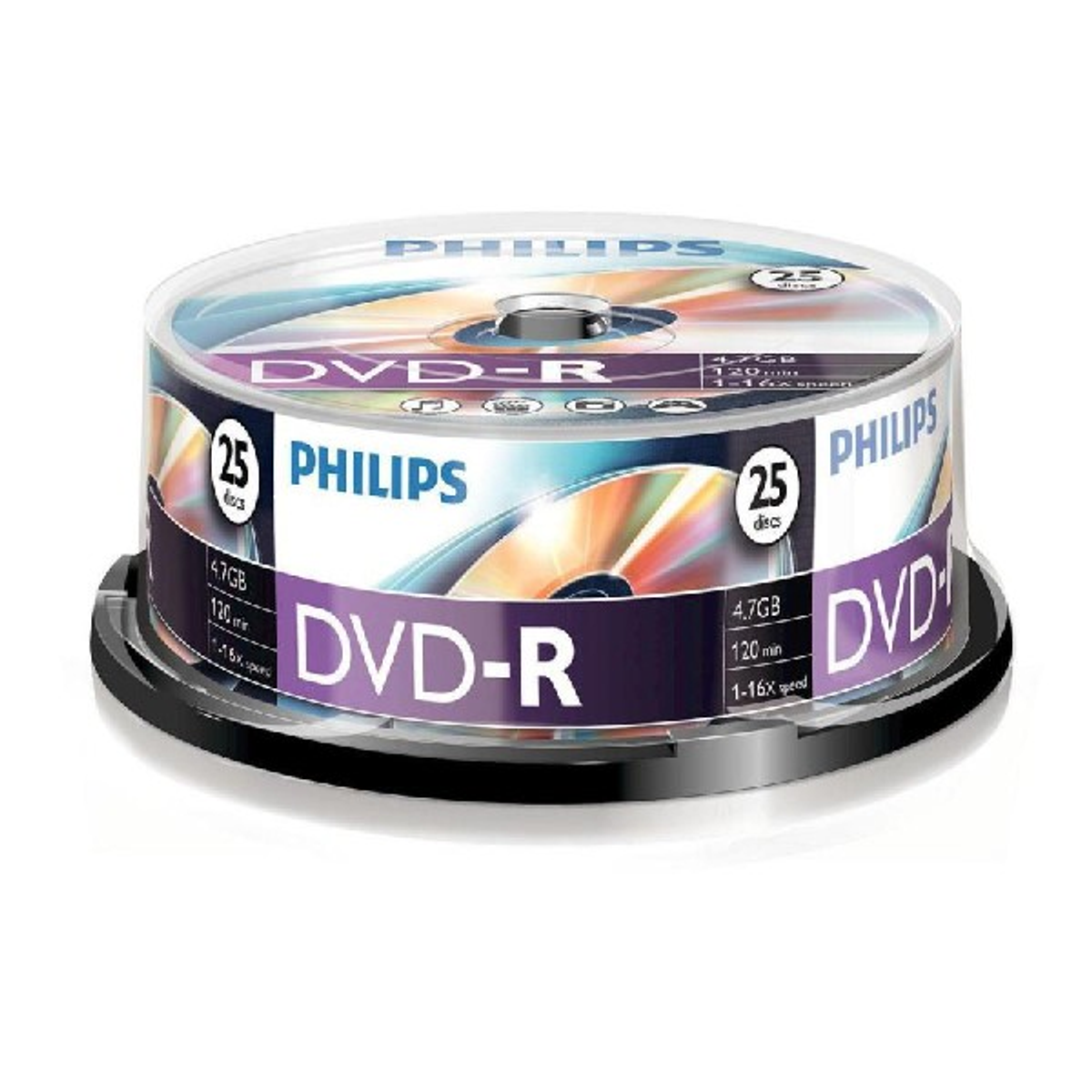 Stos 25 płyt DVD-R Philips w przezroczystym plastikowym etui.