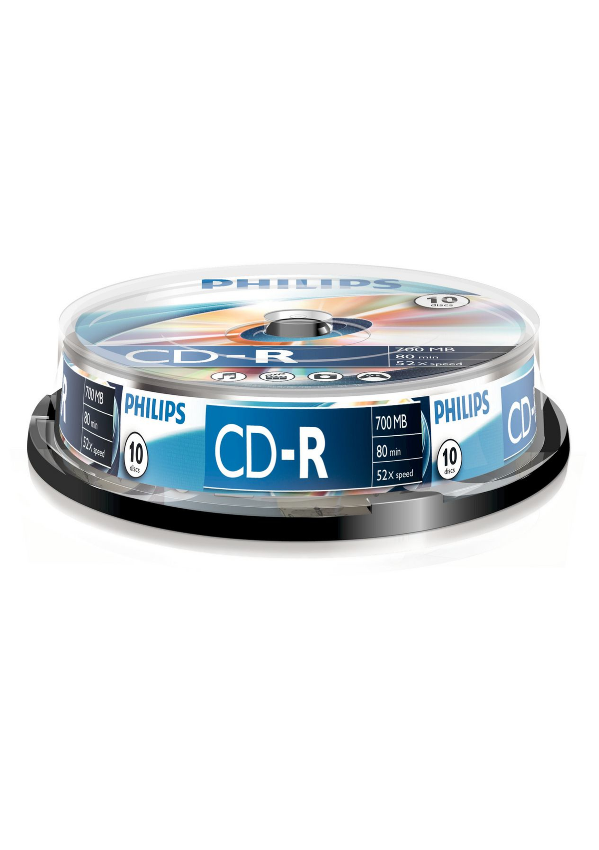 Un disco CD-R Philips en una funda de plástico transparente. El disco tiene texto blanco y azul. Está sobre una base negra.