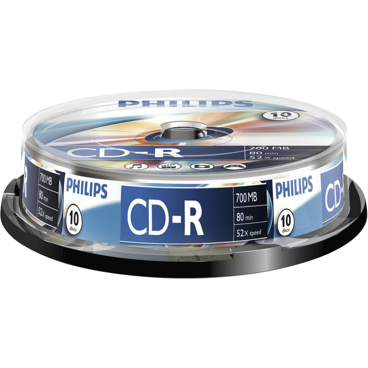 Un paquete de 10 CD-Rs con una tapa de plástico transparente, mostrando la marca Philips.