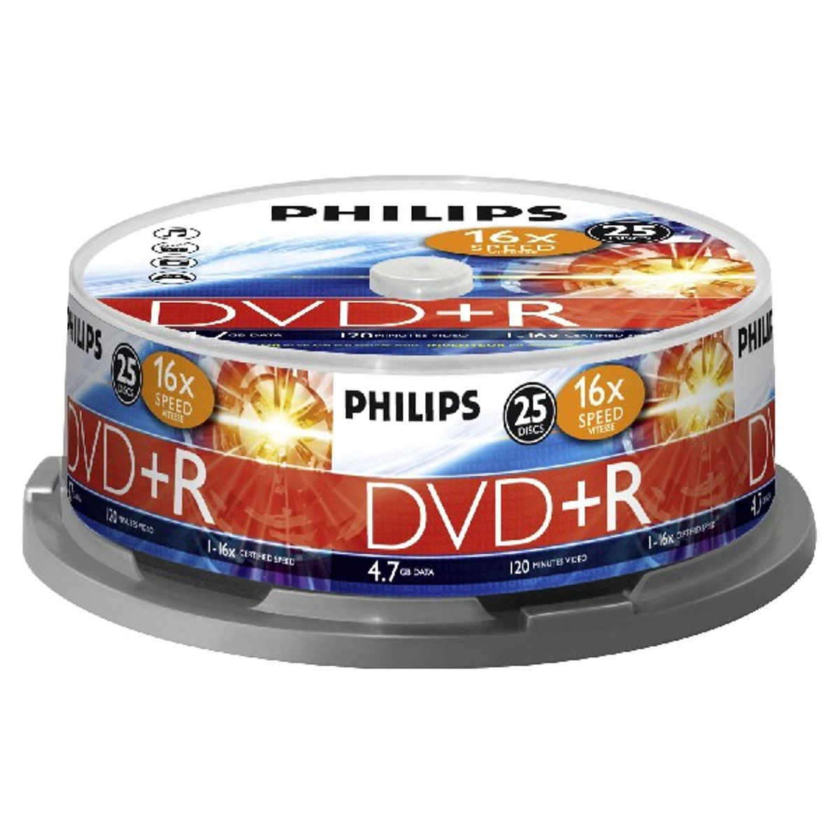 Un paquete de discos DVD+R Philips en un soporte redondo plateado con texto naranja y blanco.