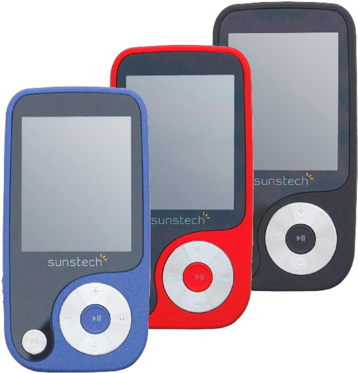 Trzy odtwarzacze MP3 suntech: niebieski, czerwony i czarny, z ekranami.
