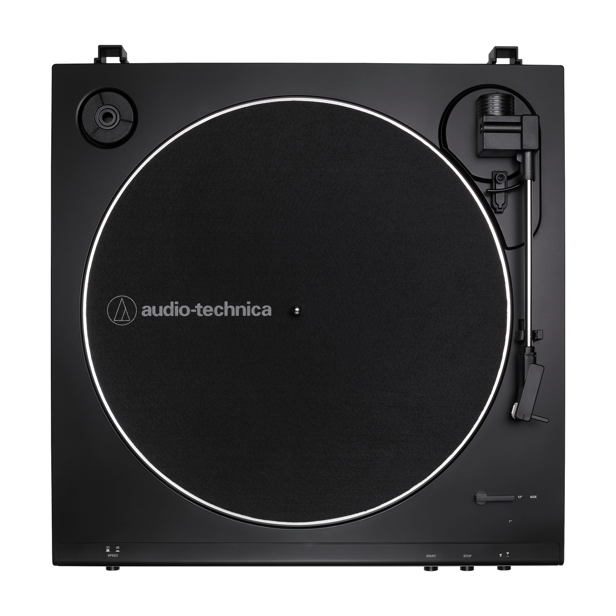 Czarny gramofon z czarną płytą i białym okręgiem, z logo audio-technica.